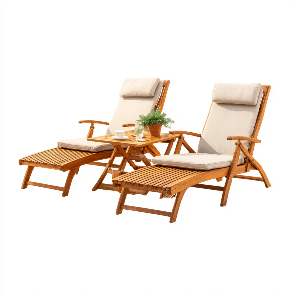 Gartenliege Set Holz verstellbar mit Kissen 200x65x90 cm und Beistelltisch 40x40x45 cm – Beige – Elegantes Design-Relaxanero