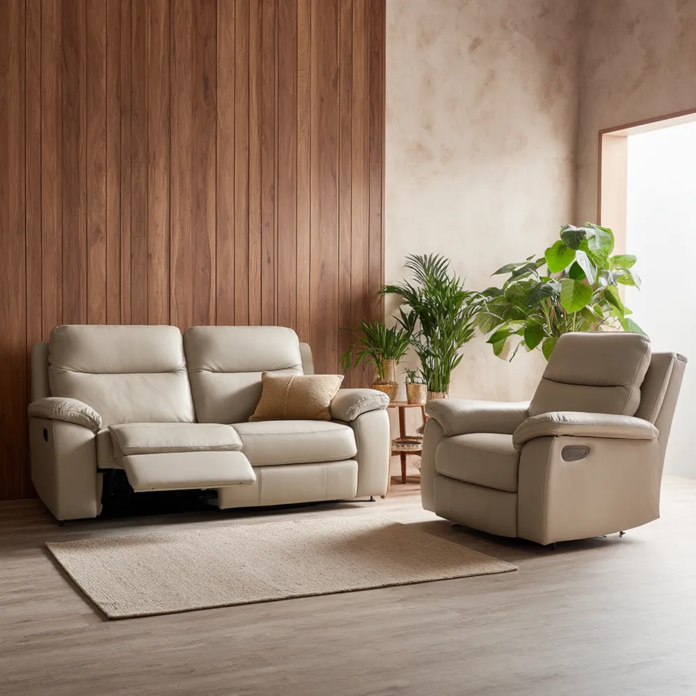 Sofa-Set Leder 2-Sitzer (160x90x100 cm) und Sessel (100x90x100 cm) - Beige - Entspannungsfunktion-Relaxanero