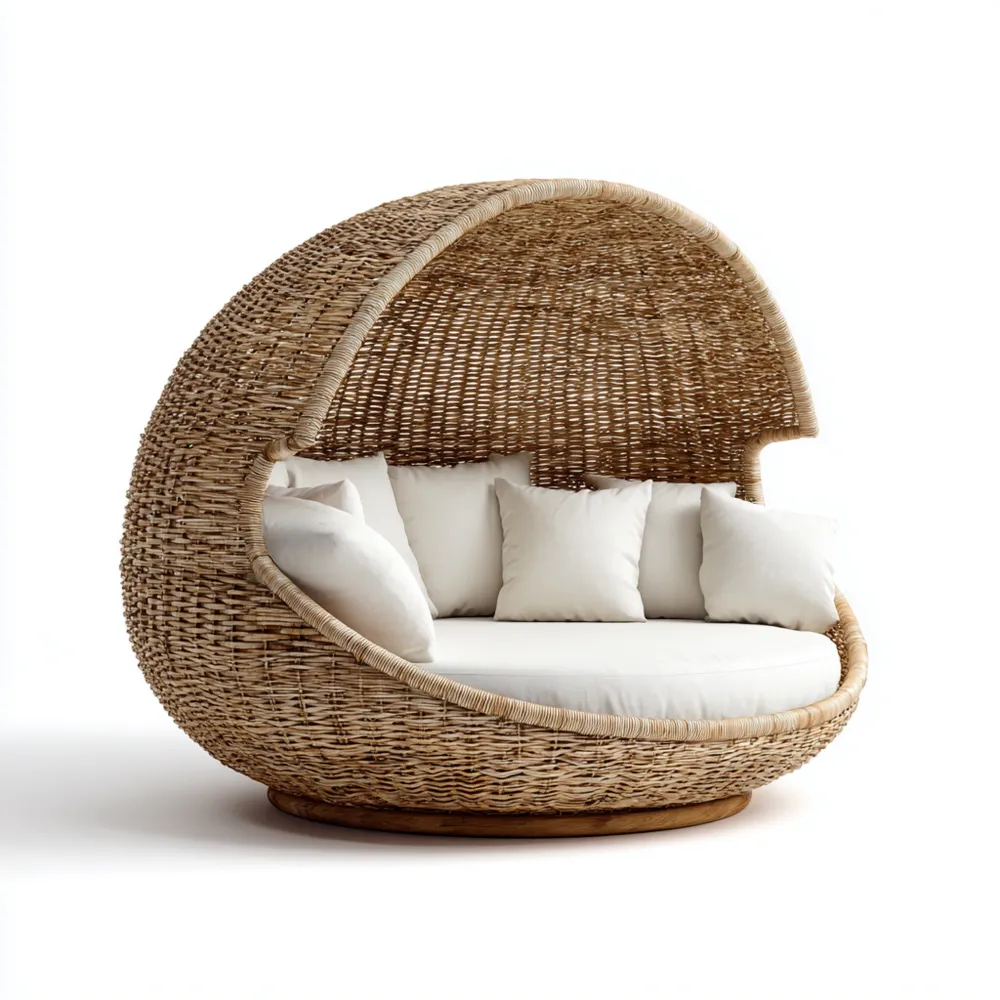 Runde Rattan-Gartenliege 150x150x150 cm – Natur/Weiß – Lounge Design-Relaxanero