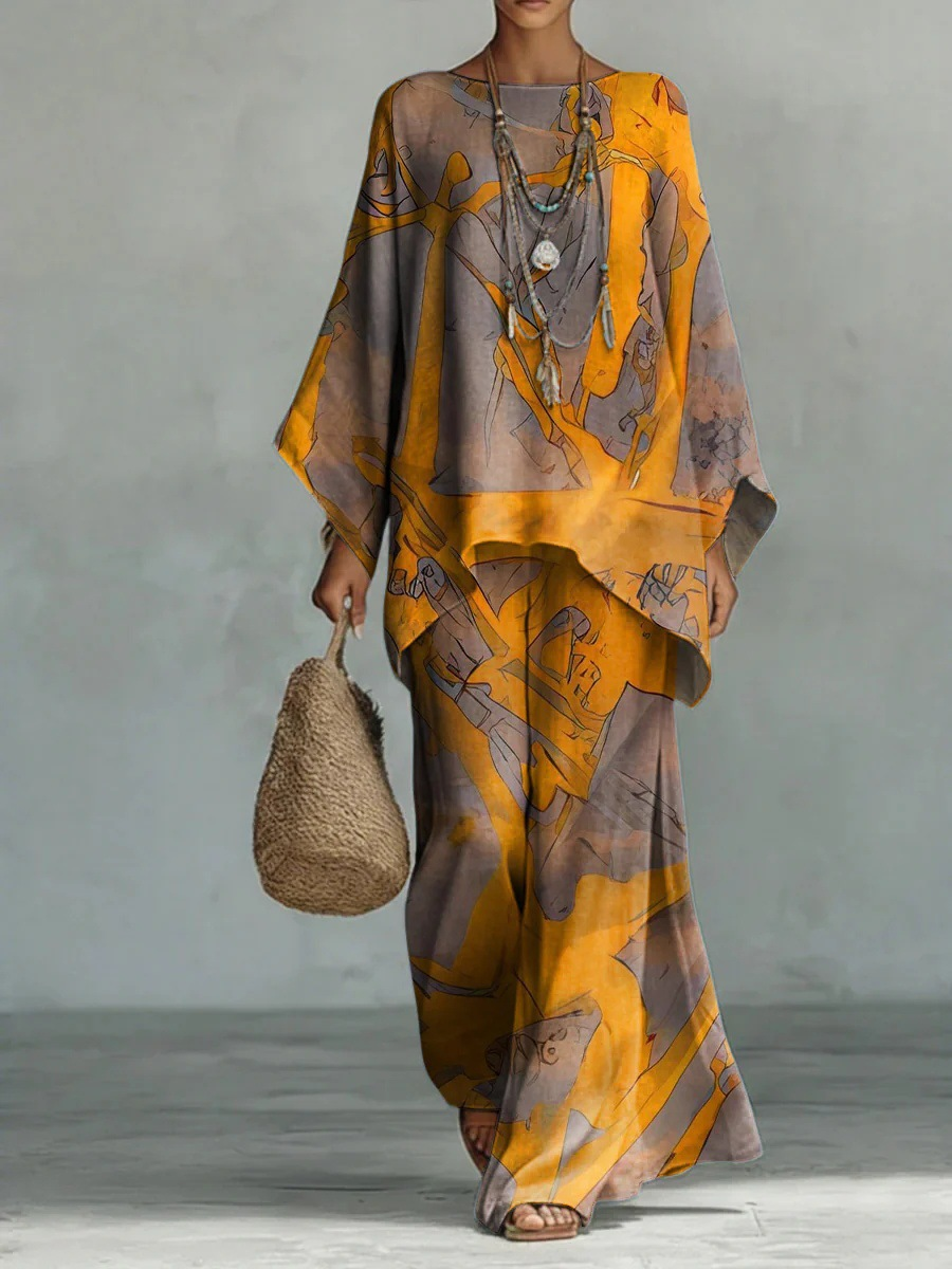 Women's Vintage Art Comfortable Loose Cotton Linen Wide-leg Pants Two-piece Set