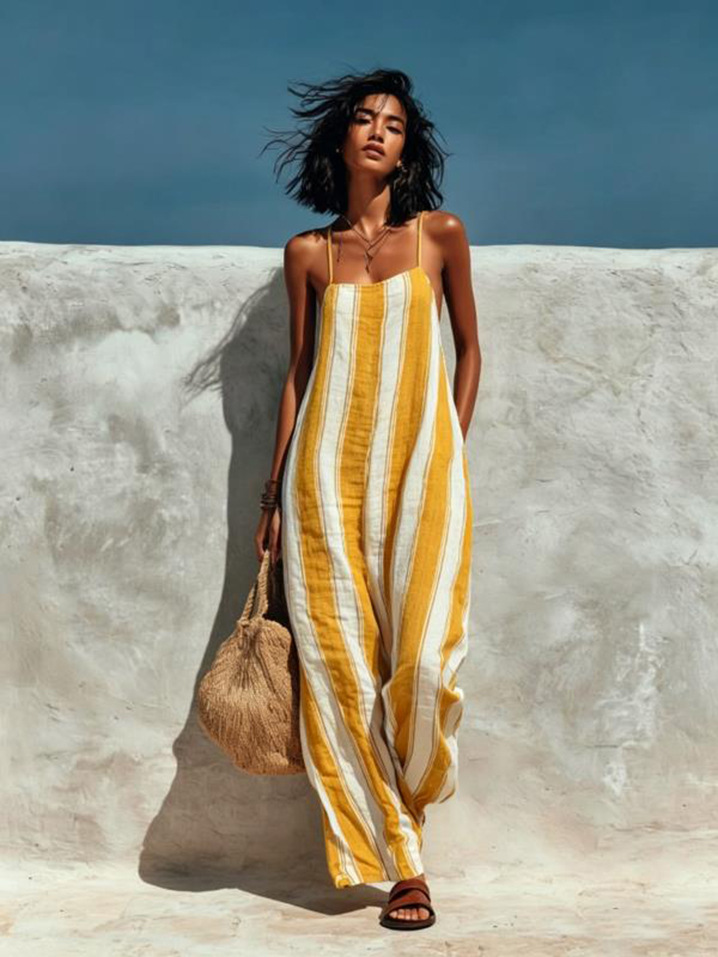 Women's Minimalist Vacation-style Striped Printed Suspender Jumpsuit MDZ1085B0Y