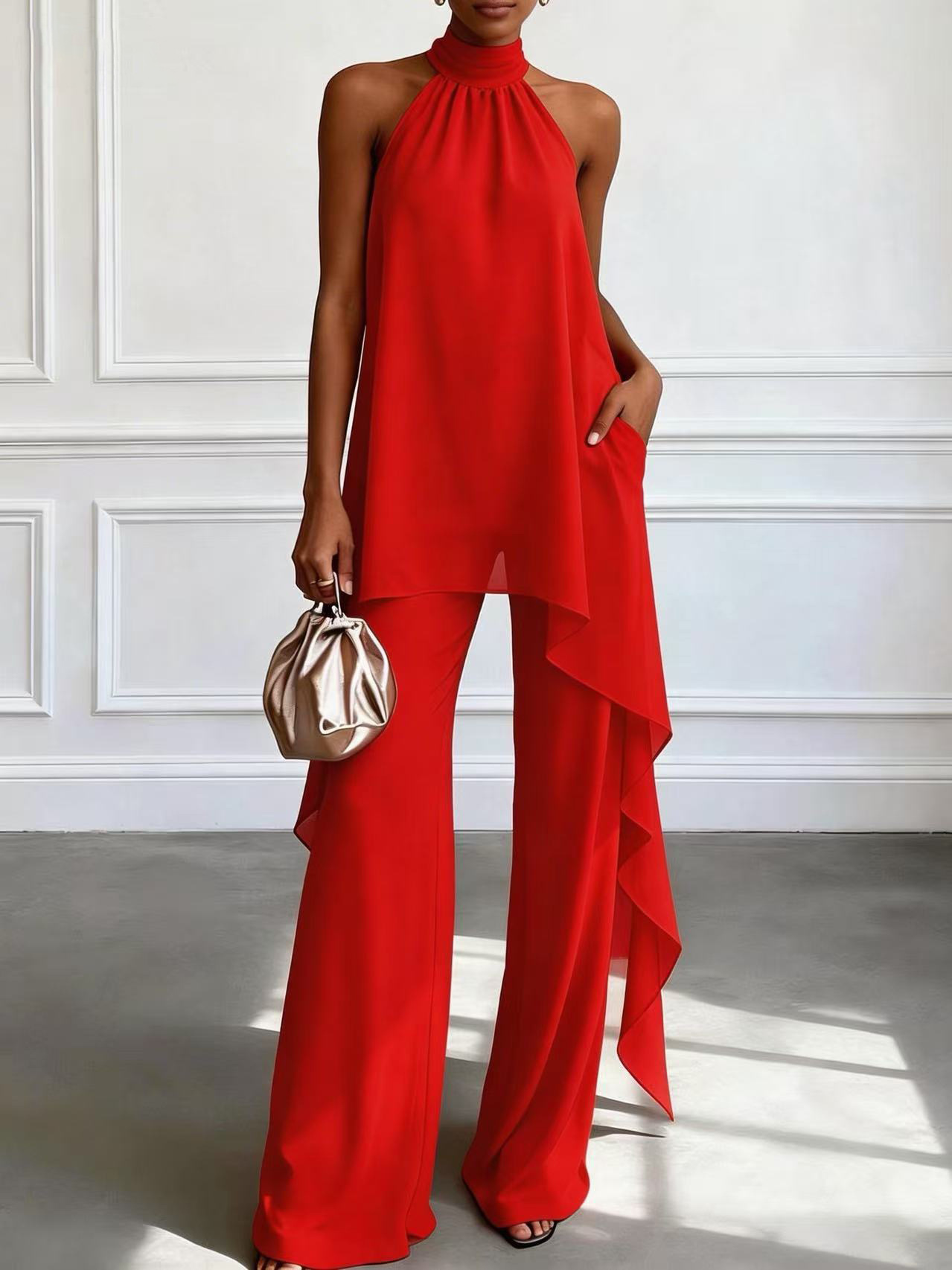 Women Purple Ruffled Halter Sleeveless Elegant Top With Pants Two-Piece Set
