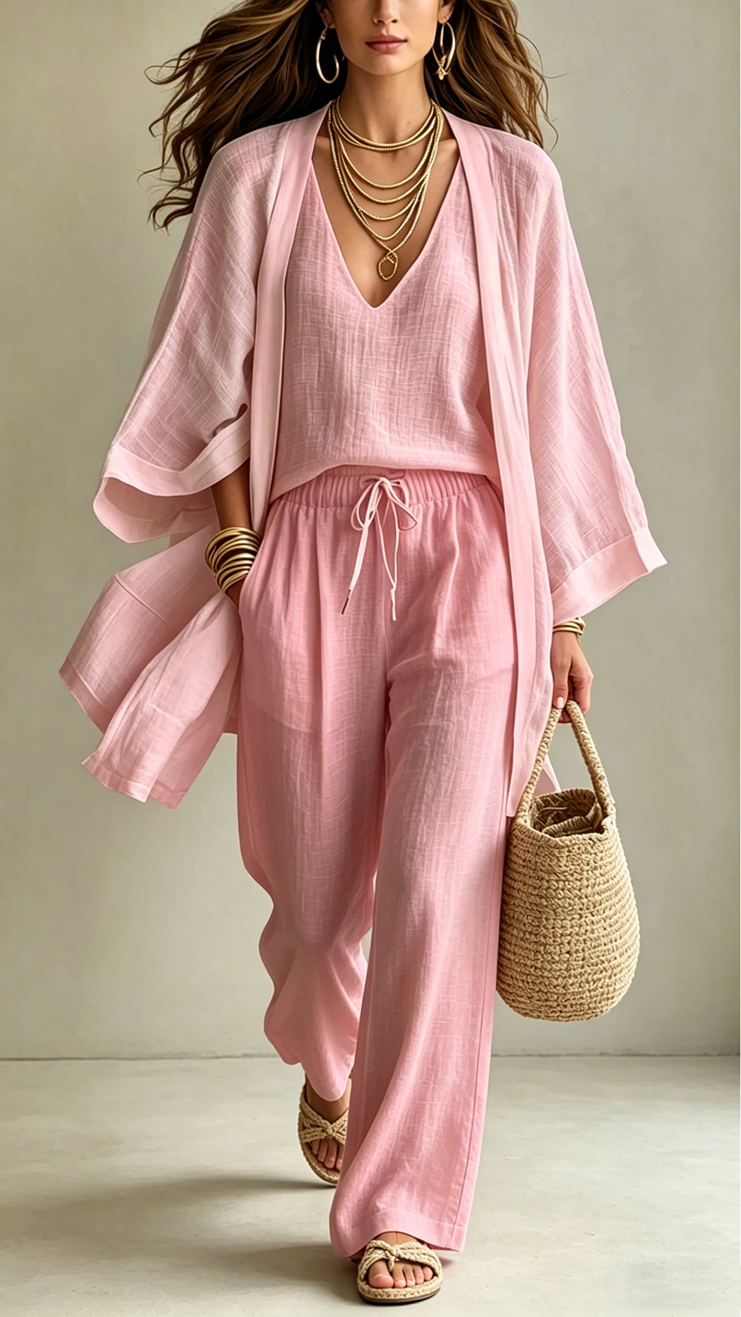 Women's  Linen-Blend Three-Piece Set(Kimono + Tank + Pants)