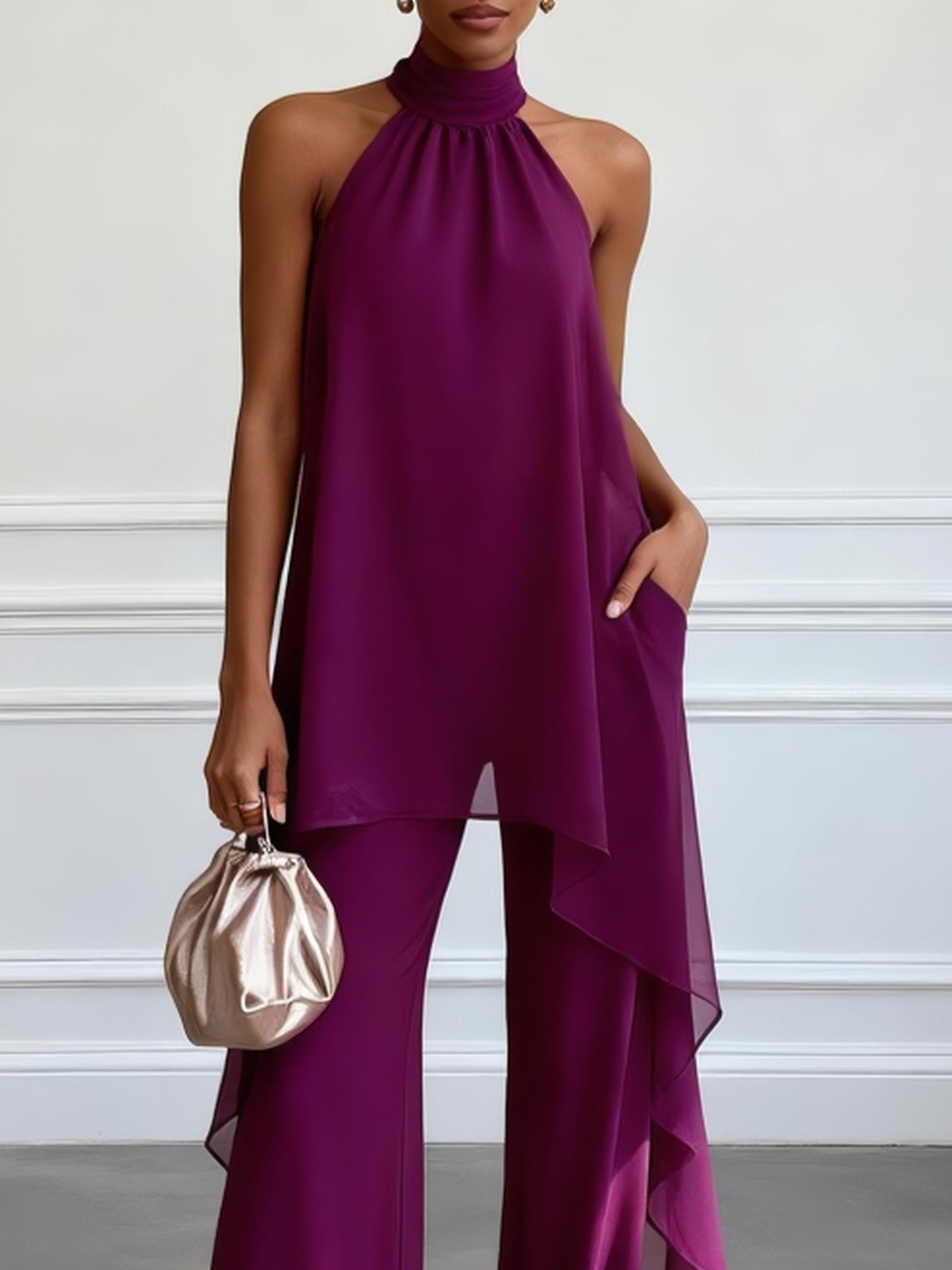 Women Purple Ruffled Halter Sleeveless Elegant Top With Pants Two-Piece Set