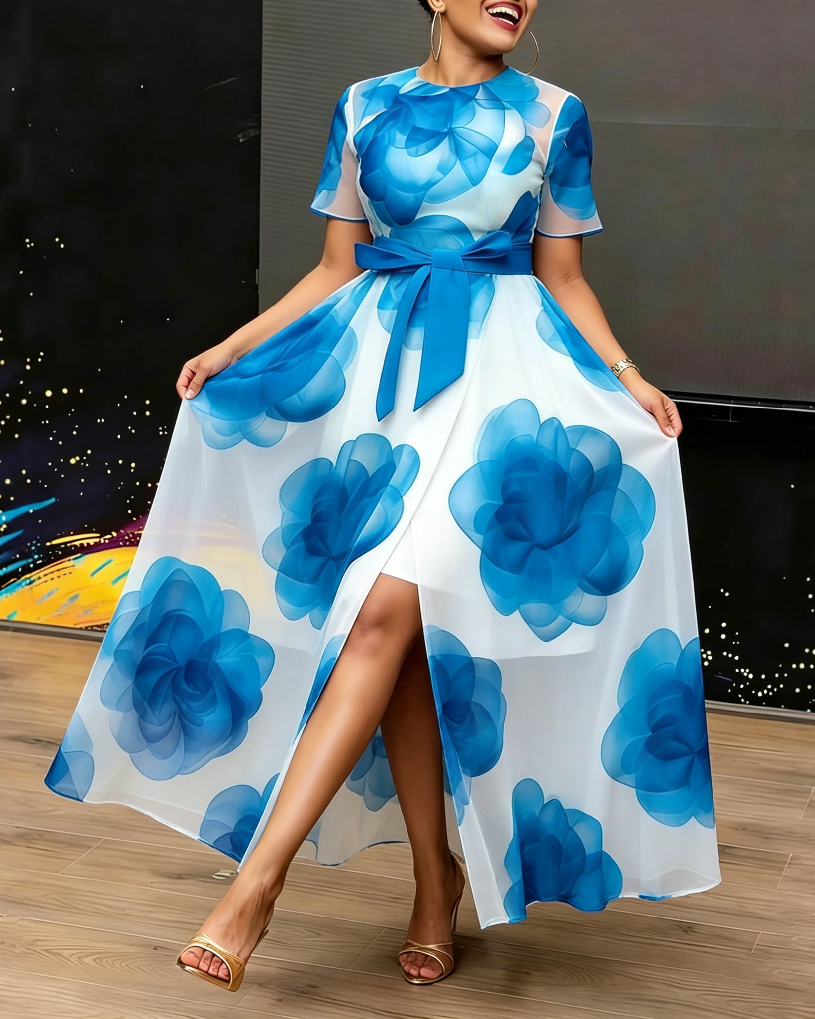 Elegant Floral Printing Crew Neck Maxi Dress With Belt