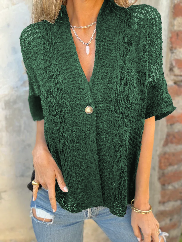 Hollow V-neck single button loose short sleeves