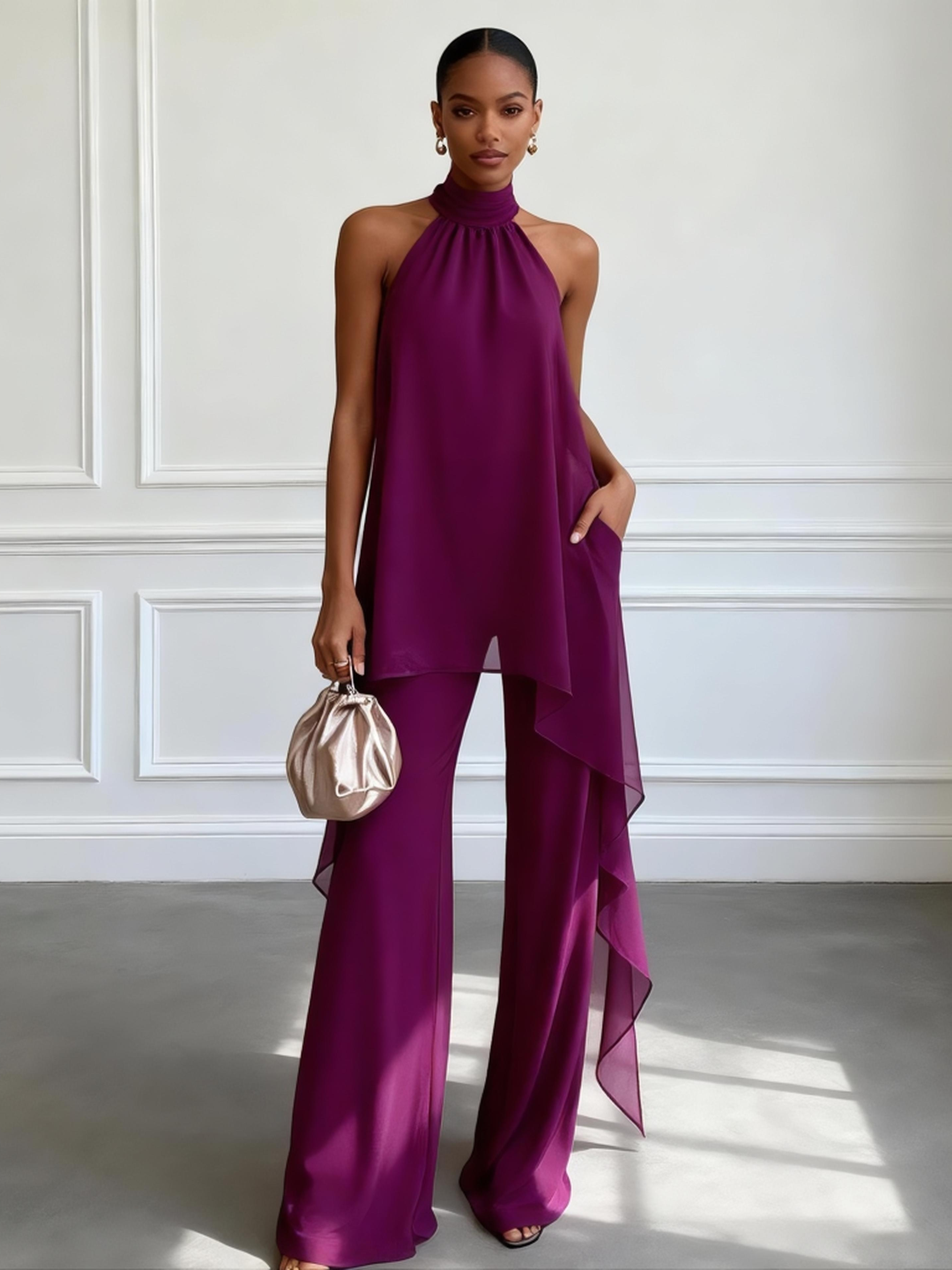 Women Purple Ruffled Halter Sleeveless Elegant Top With Pants Two-Piece Set