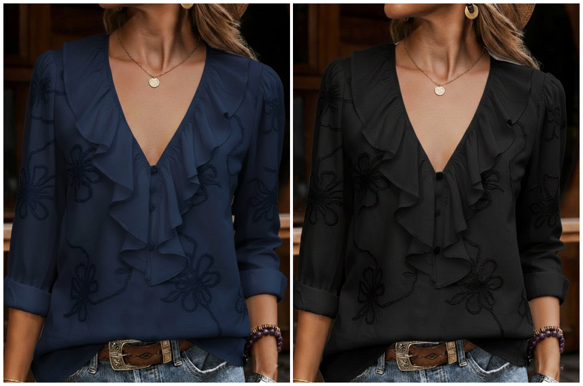 Vintage ruffled V-neck shirt with embroidered flowers