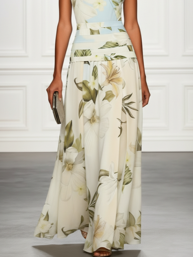 Light Blue Floral Ruched Classic Boat Neck Sleeveless A-Line Floor-length Gown Dress