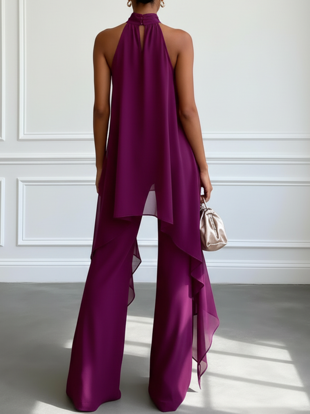 Women Purple Ruffled Halter Sleeveless Elegant Top With Pants Two-Piece Set