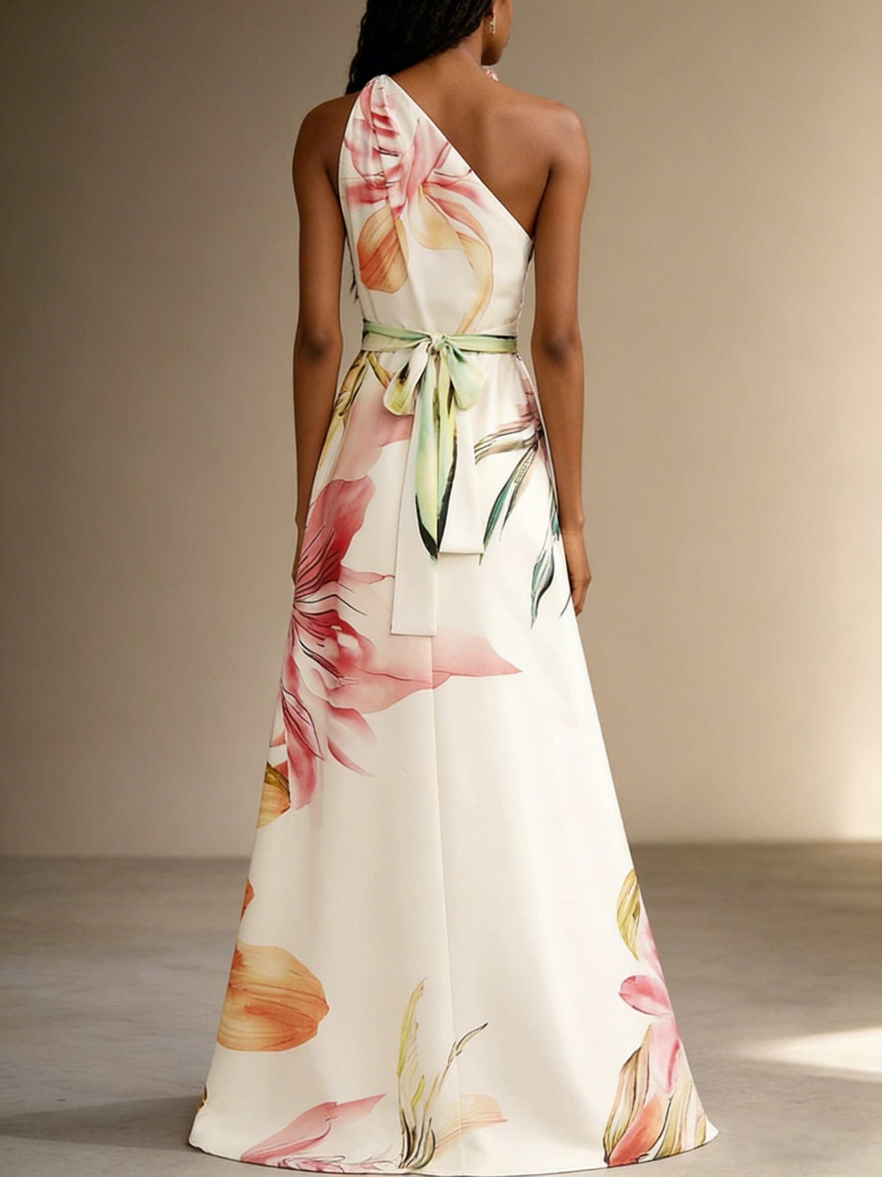Pink Floral Satin One Shoulder Sleeveless A-Line Floor-length Gown With Pockets
