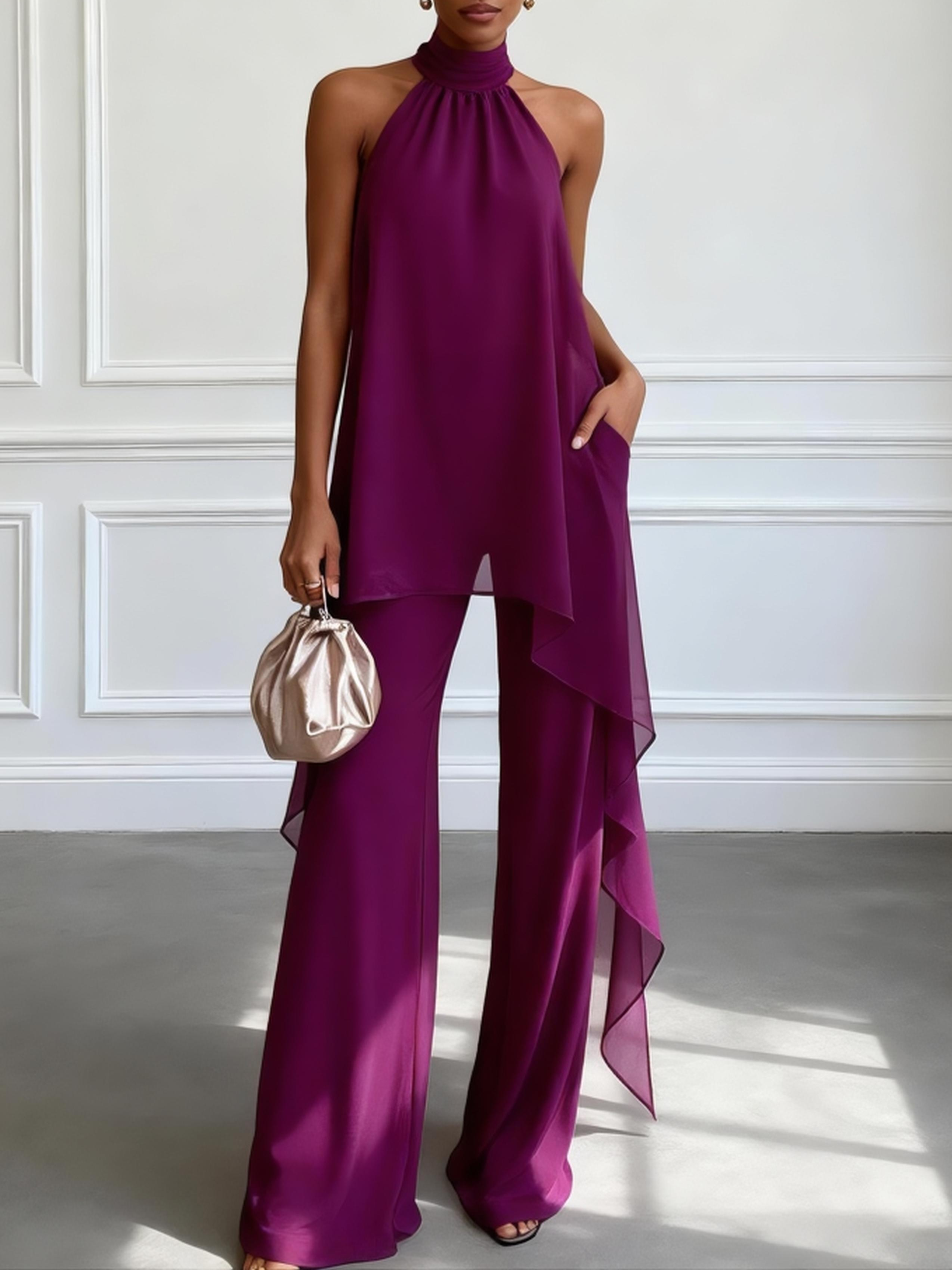 Women Purple Ruffled Halter Sleeveless Elegant Top With Pants Two-Piece Set