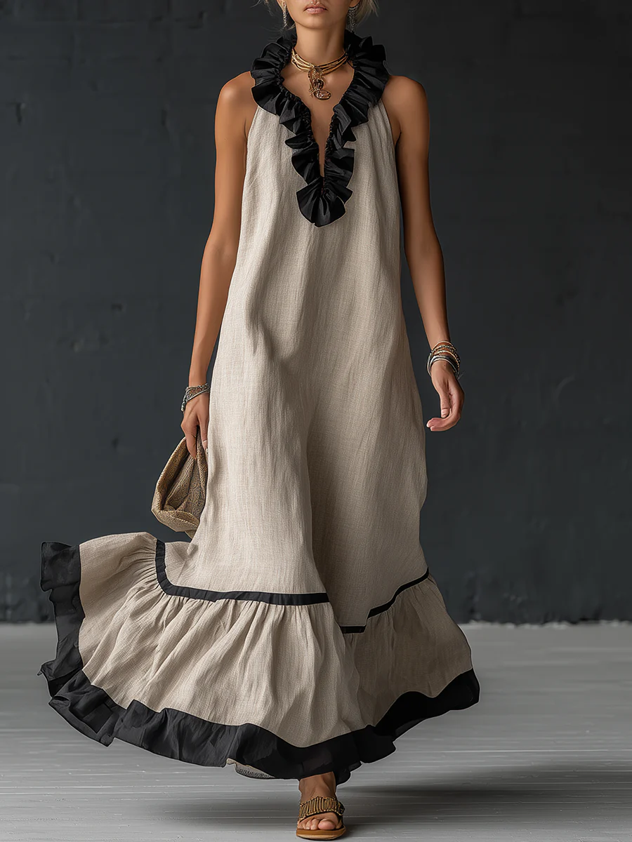 Elegant And Romantic Ruffled Color-blocked Maxi Dress