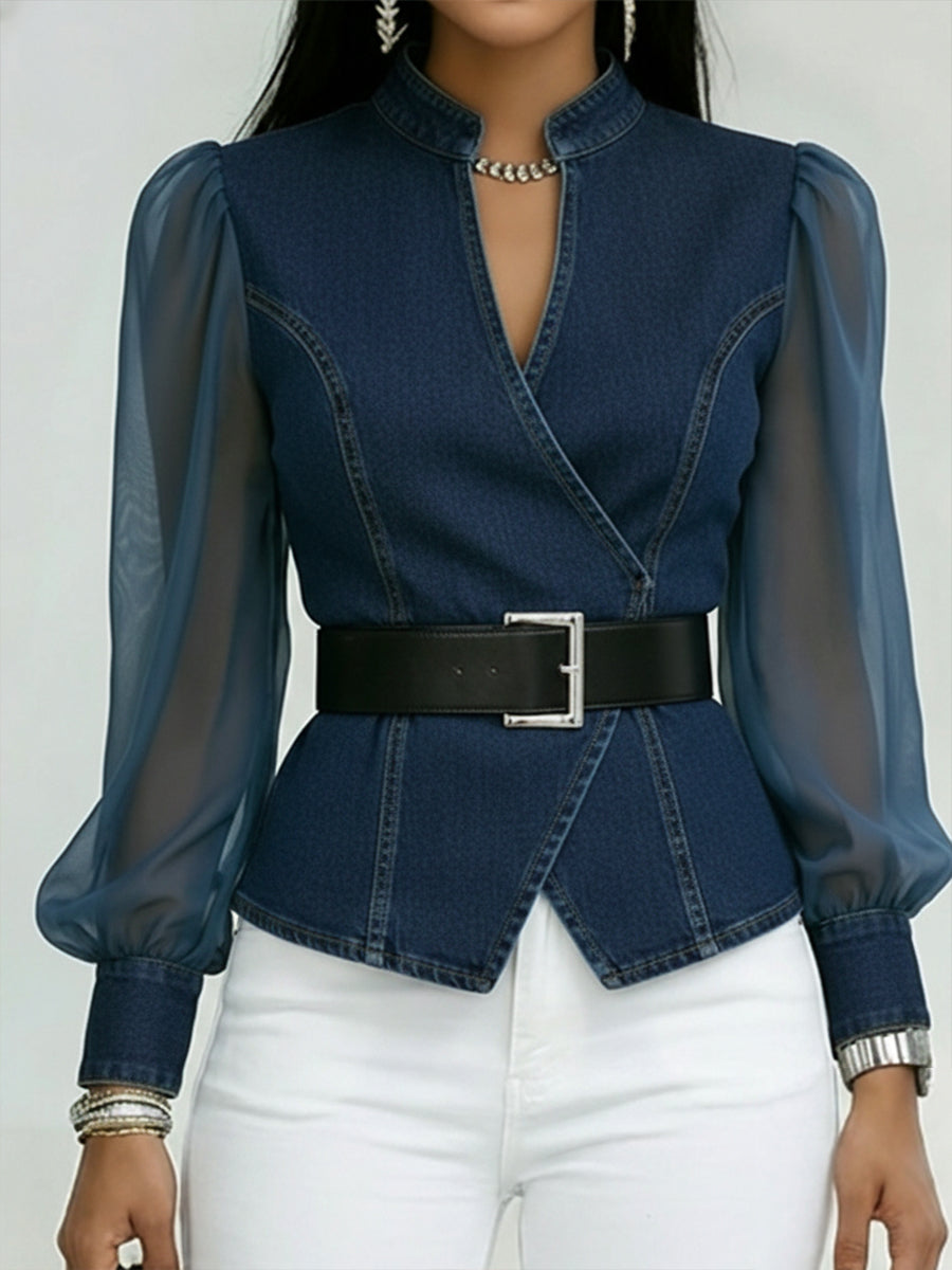 Elegant, Slim-fitting Denim Top With Organza Sleeves.