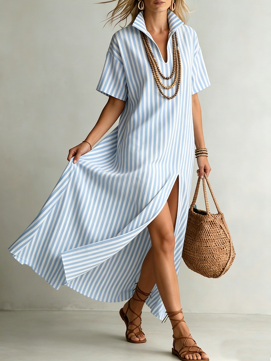 Stylish Stand-collar Striped Loose-fit Cotton-linen Maxi Dress