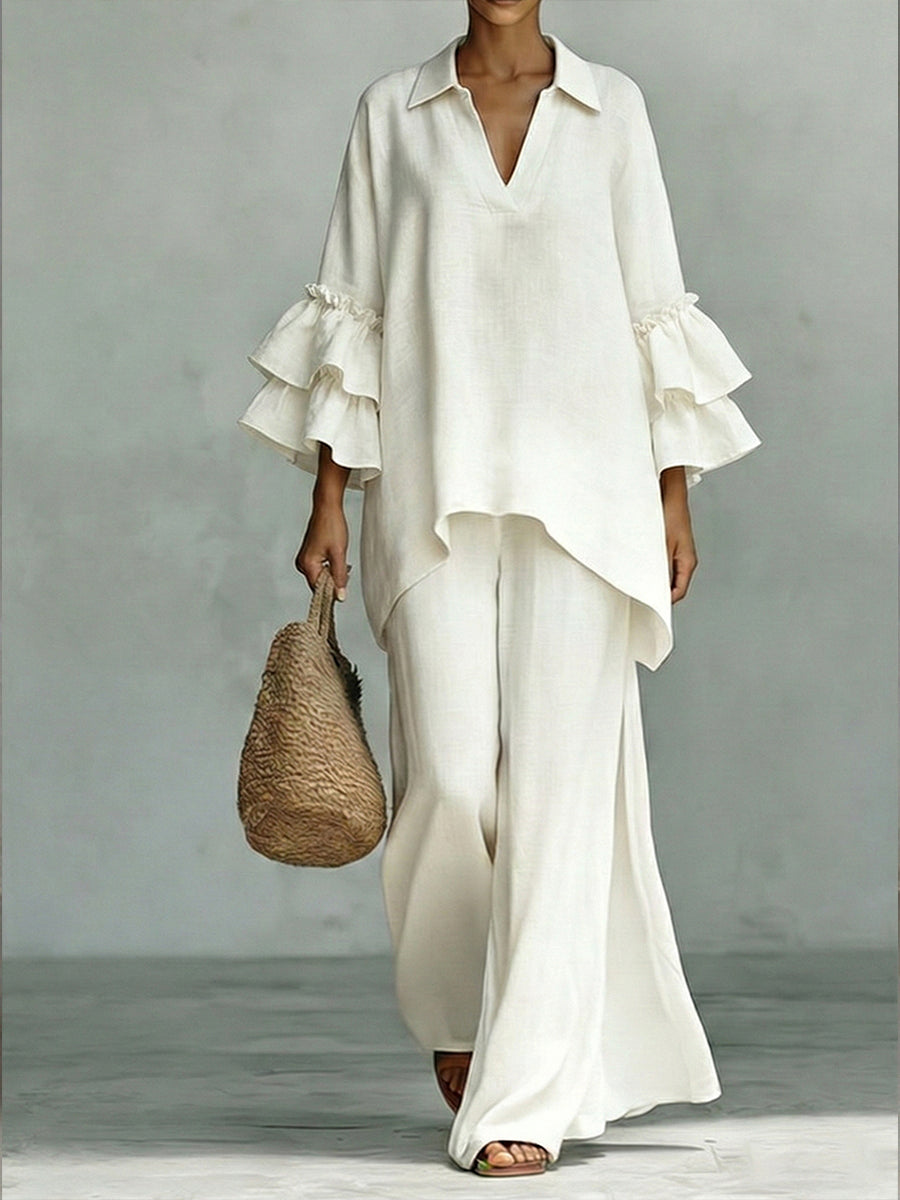 Casual Linen And Cotton Shirt And Wide-leg Pants Two-piece Set