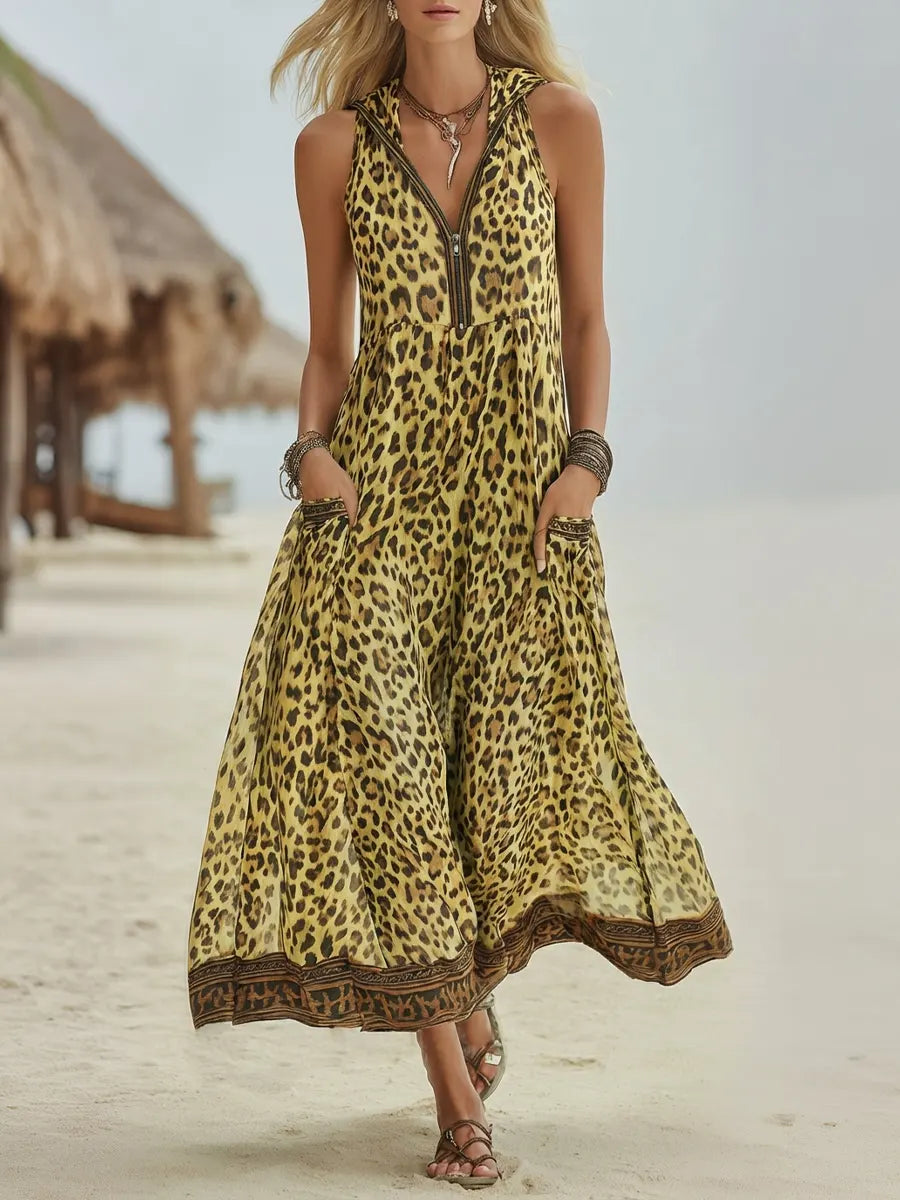 Women's Retro Casual Green Leopard Print Art Hooded Midi Dress