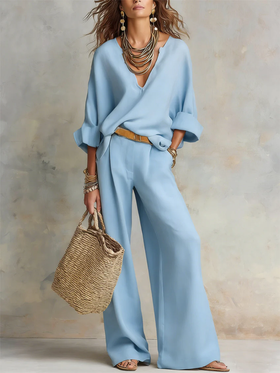 Cozy Minimalist V-neck Cotton-linen Two-piece Set