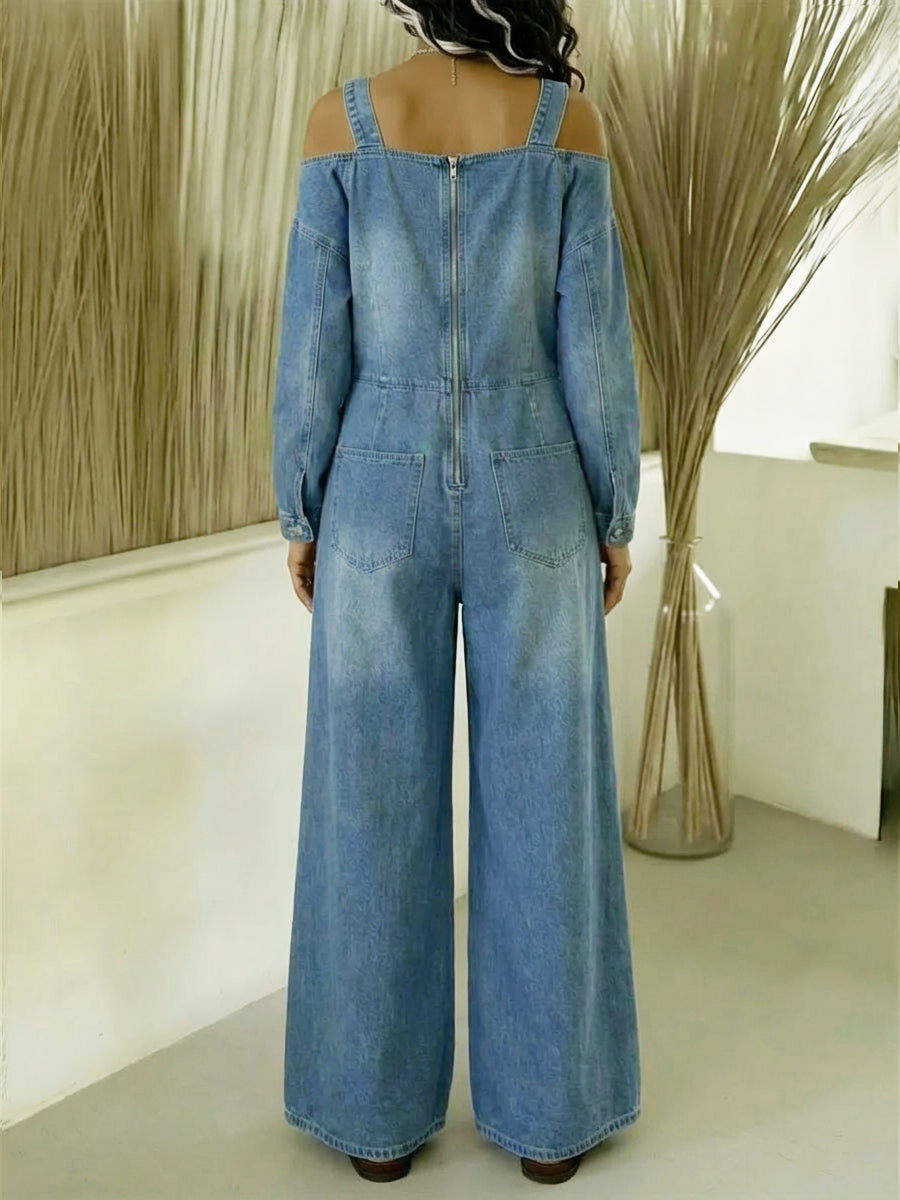Women's Fashionable Off-the-shoulder Denim Jumpsuit