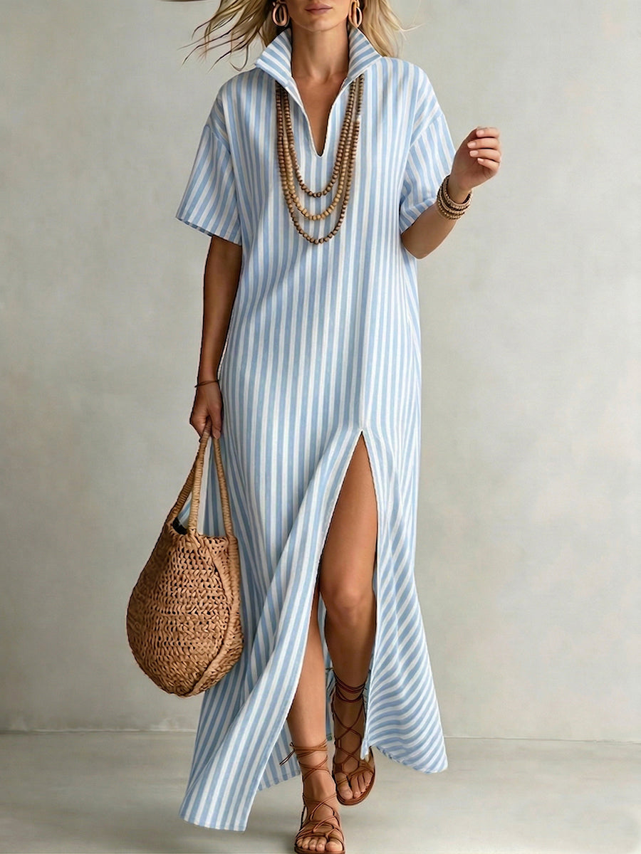 Stylish Stand-collar Striped Loose-fit Cotton-linen Maxi Dress