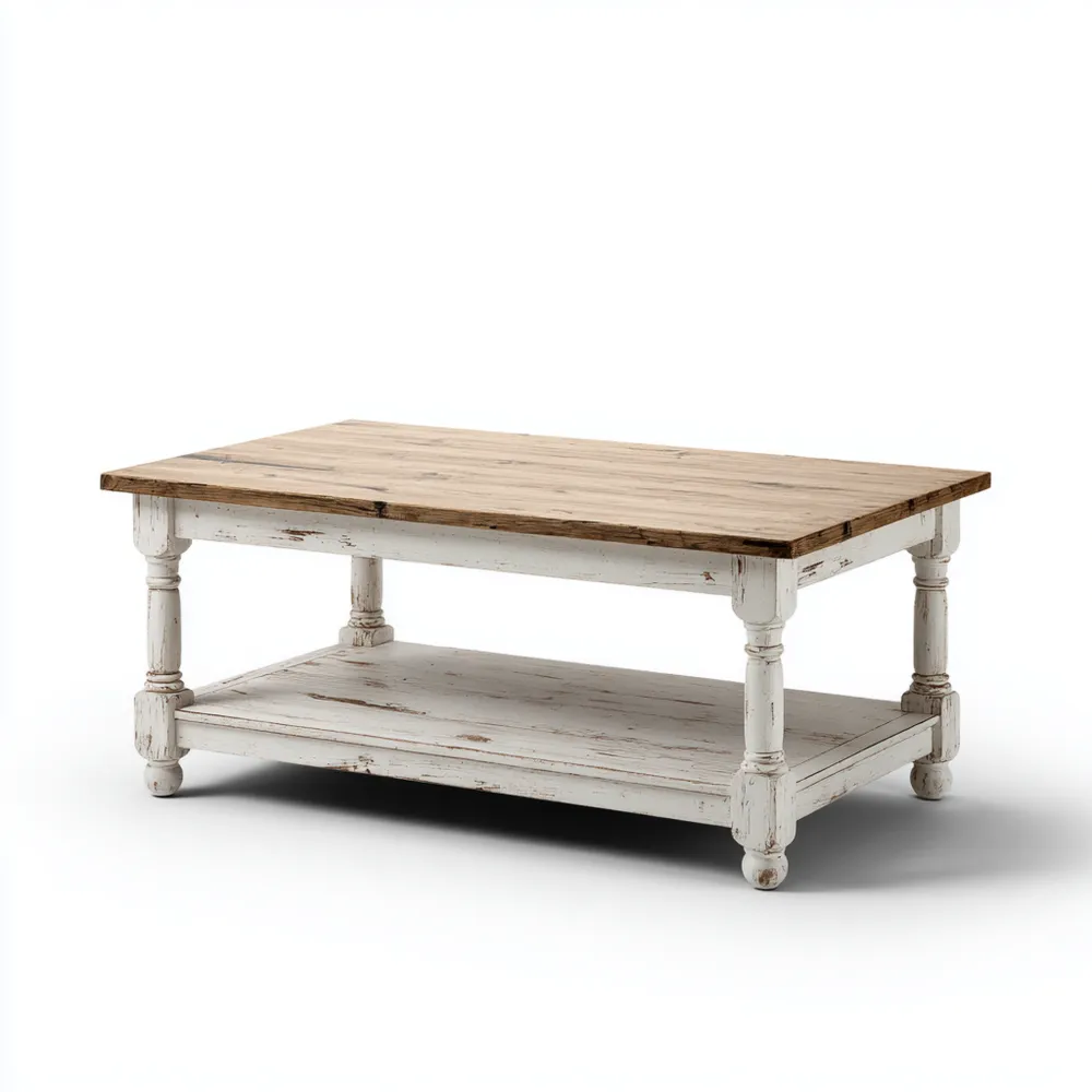 Table basse 120x60x45 cm en Bois vieilli – Blanc antique – Style rustique avec étagère
