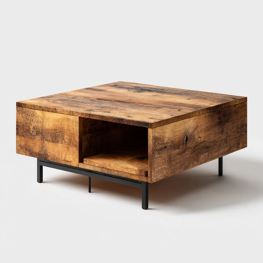 Table basse en bois de récupération 80x80x40 cm – Marron/Noir – Design industriel