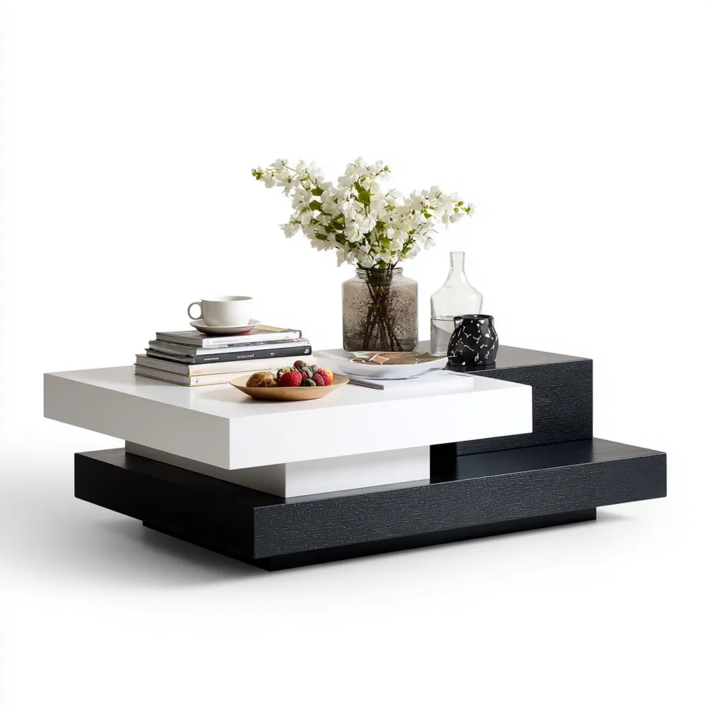 Table basse rectangulaire en bois 100x60x35 cm - Blanc/Noir - Design contemporain
