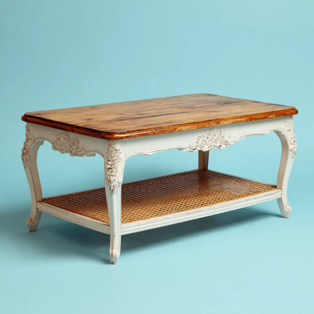 Table basse en bois sculpté 120x60x45 cm – Blanc vieilli/Naturel – Style classique