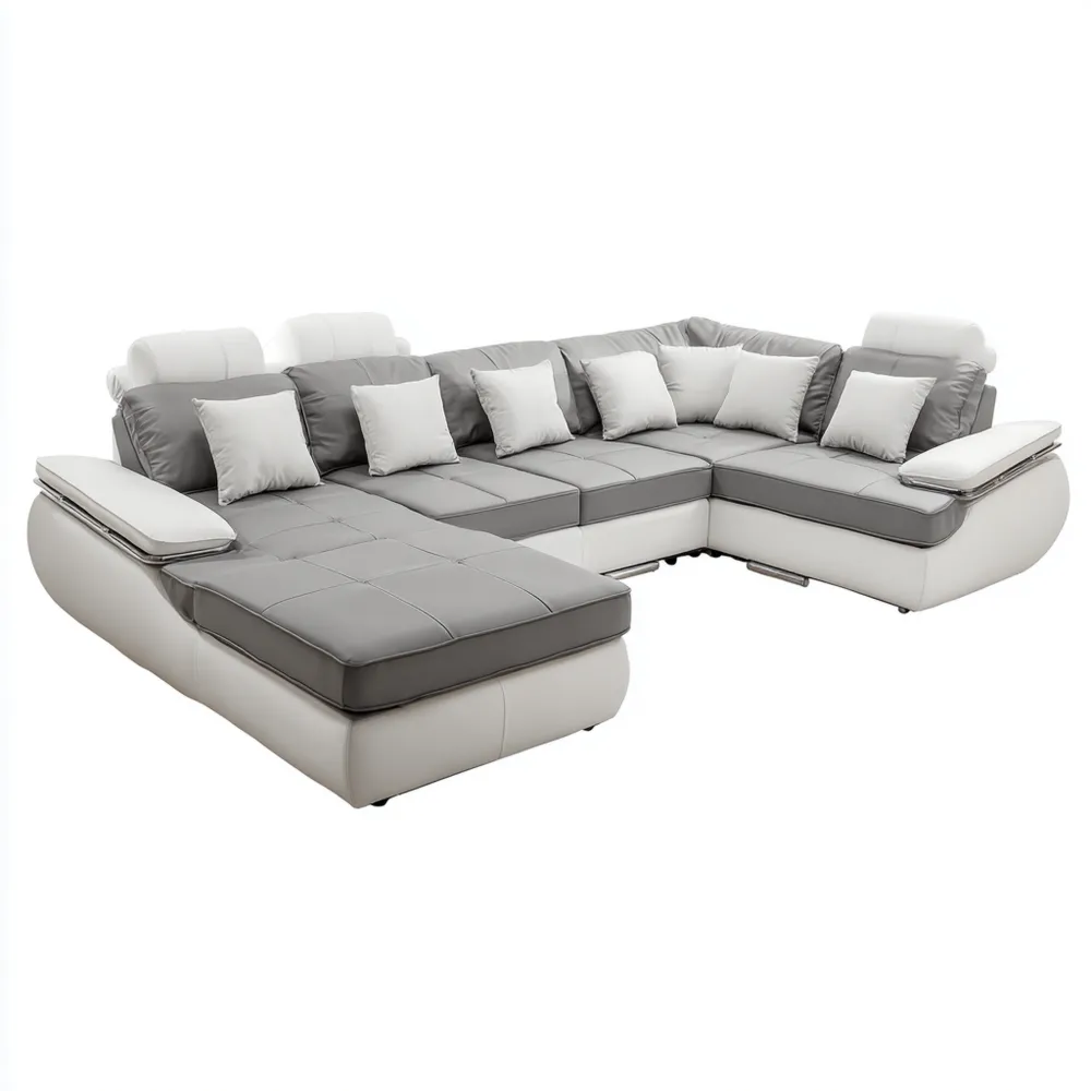 Canapé d'angle en cuir synthétique 280x210x80 cm – Gris/Blanc – Design moderne