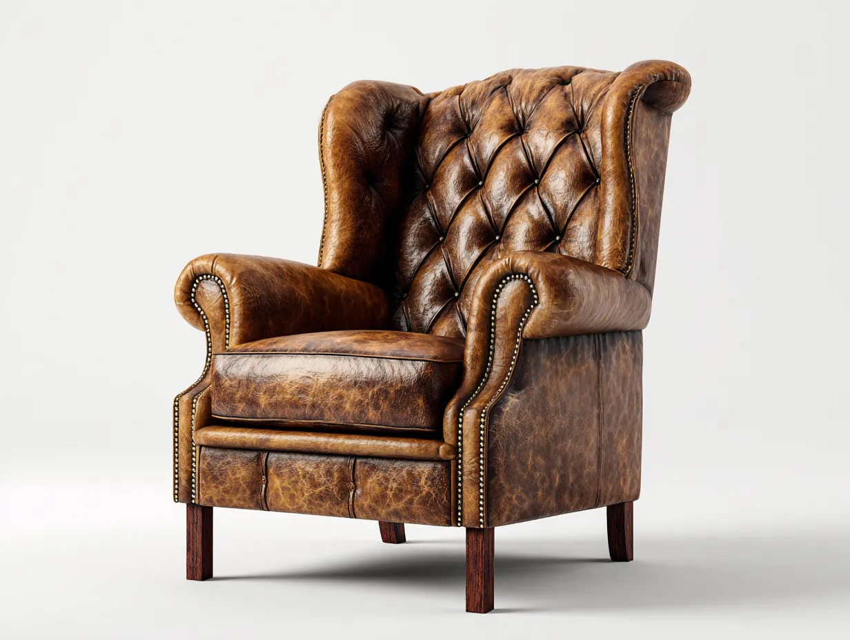 Poltrona a orecchioni - pelle - 82x90x108 cm - marrone - design classico-Bamboomyloft