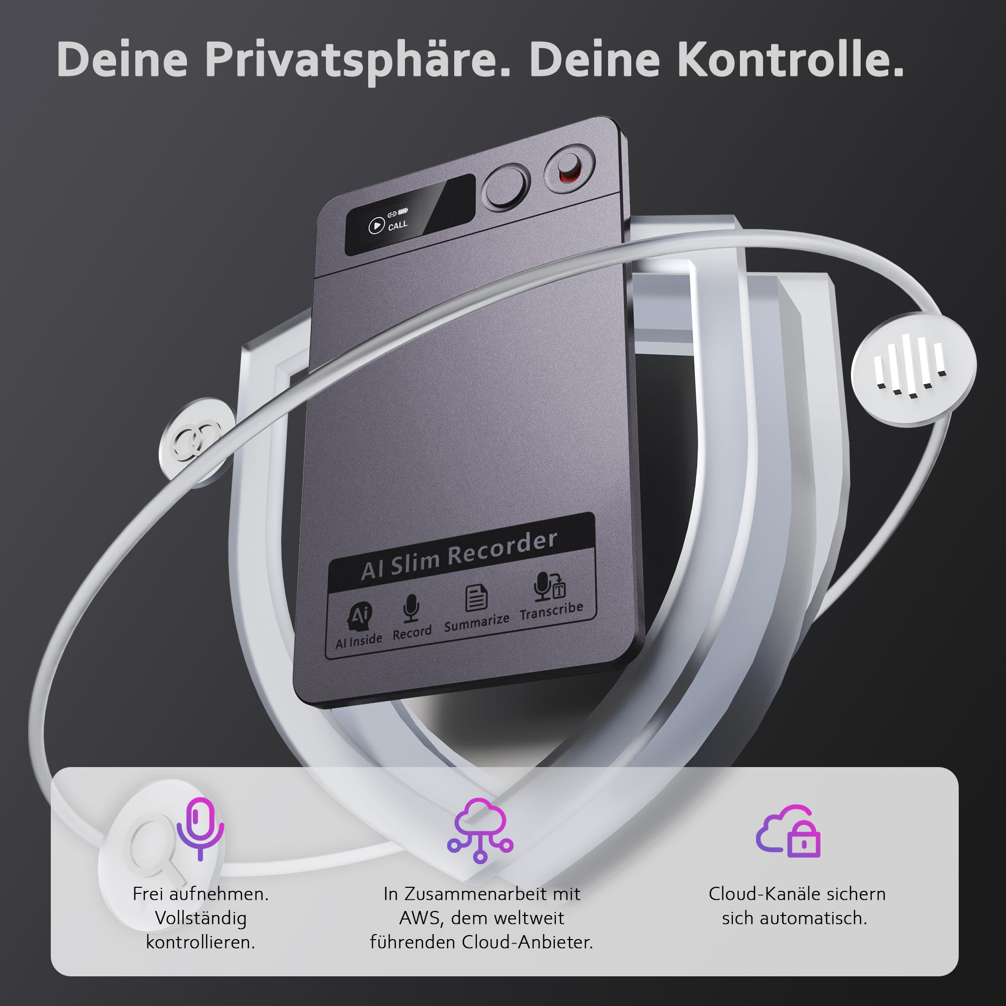 Recora KP70 AI Voice Recorder - 118 Languages & AI Summary, Ultra-Thin Portable Design