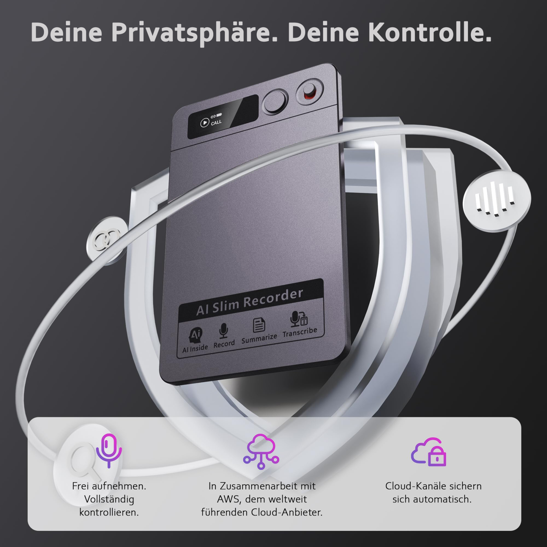 Recora KP70 AI Voice Recorder - 118 Languages & AI Summary, Ultra-Thin Portable Design