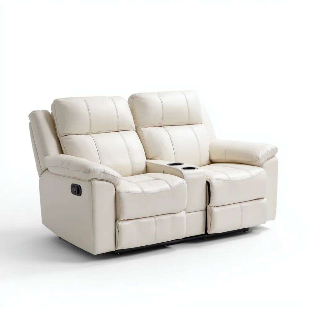 Canapé deux places en cuir synthétique 160x90x100 cm - Crème - Inclinable avec porte-gobelets