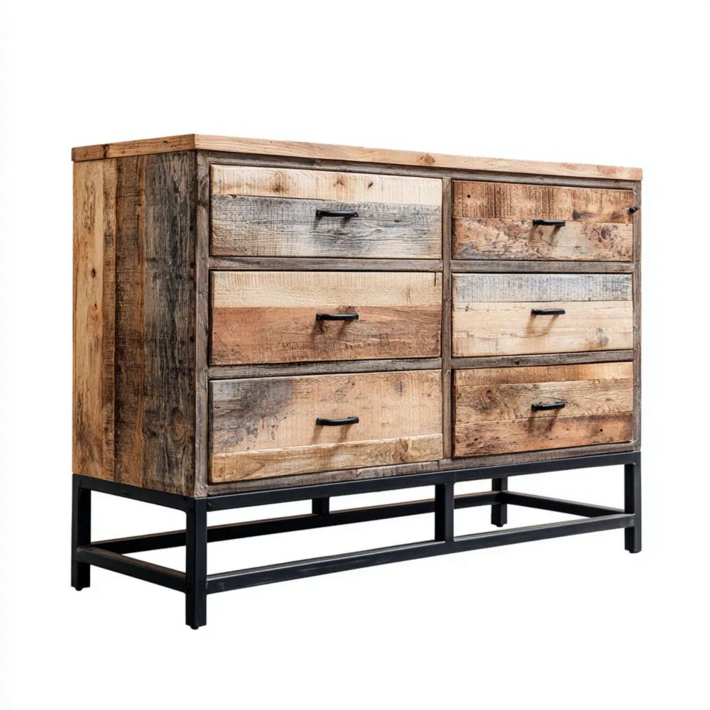 Commode en Bois Recyclé avec Cadre Métallique 80x35x75 cm – Brun/Noir – Style Industriel