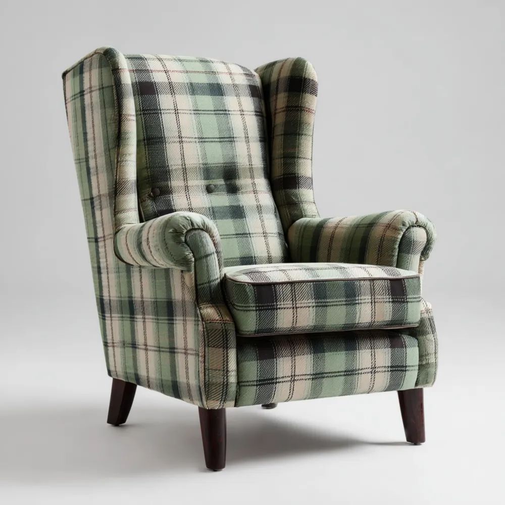 Fauteuil à oreilles 80x85x100 cm - Tissu à carreaux Vert/Gris - Design classique