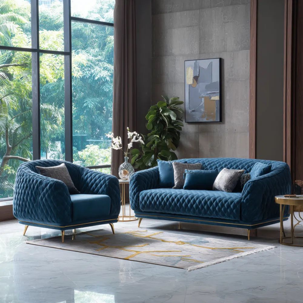Ensemble de canapés Velours 190x90x85 cm – Bleu – Design Contemporain