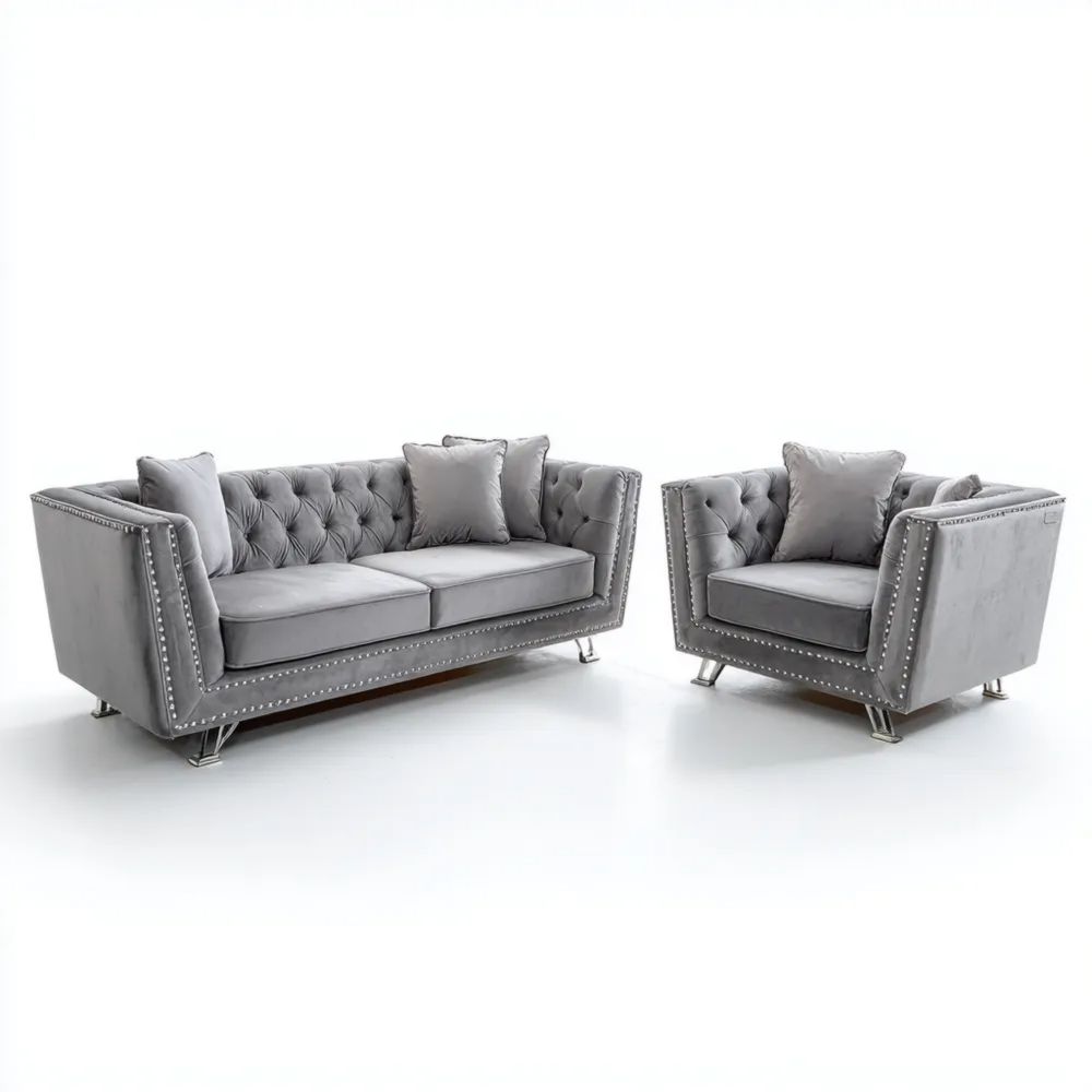 Ensemble de canapés en velours 2 pièces – 200x90x80 cm et 100x90x80 cm – Gris – Design Contemporain