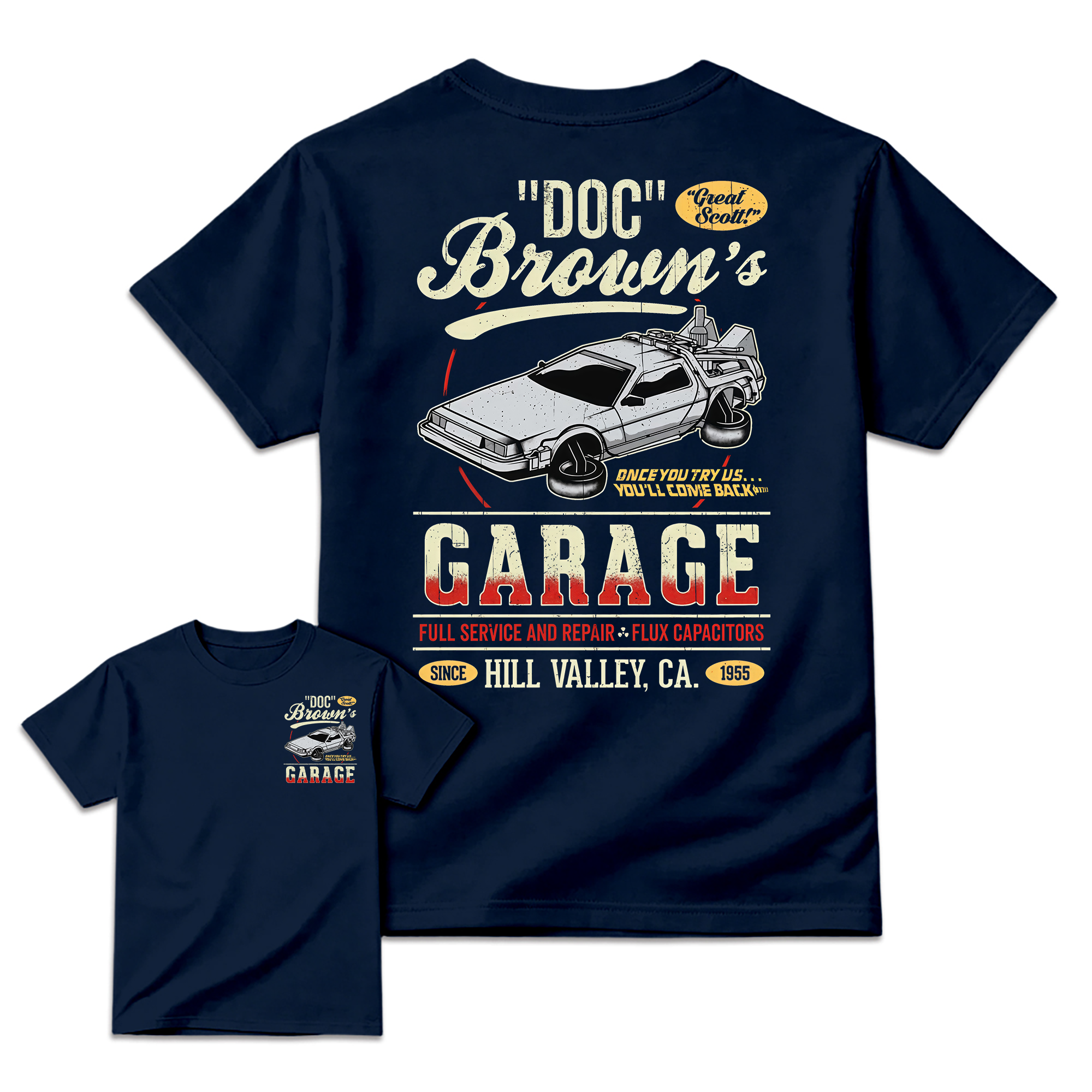 "Great Scott!" Doc Brown's Garage Time Machine Graphic T-Shirt