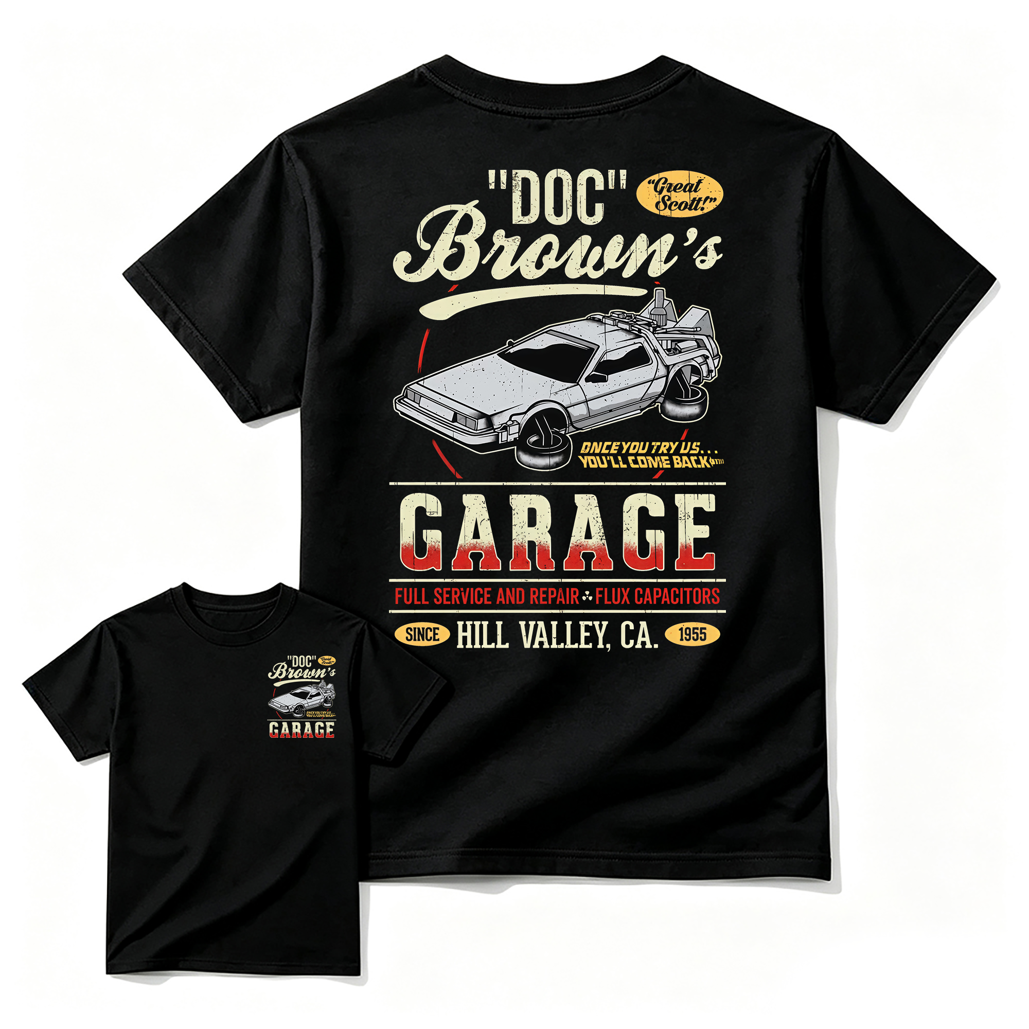 "Great Scott!" Doc Brown's Garage Time Machine Graphic T-Shirt