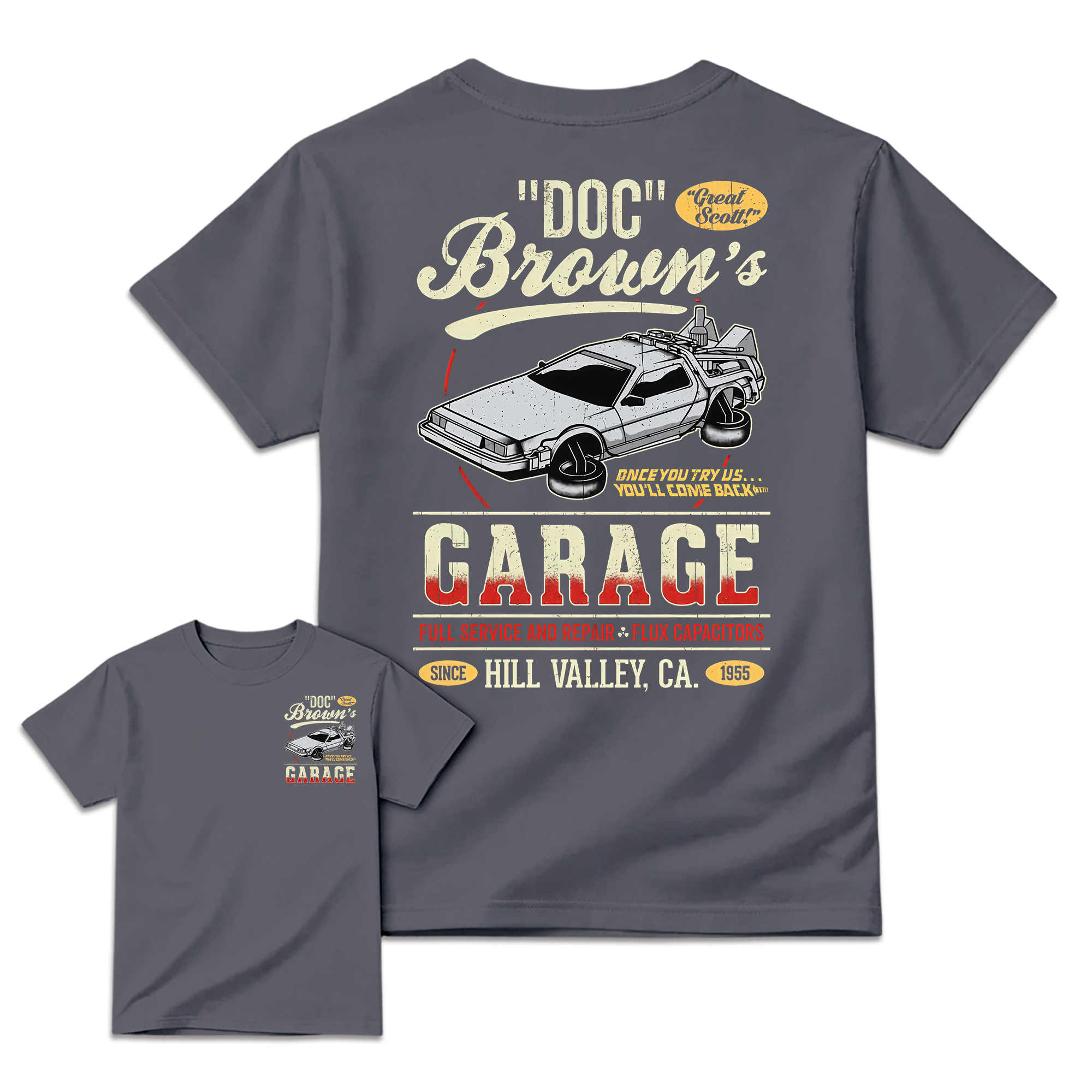 "Great Scott!" Doc Brown's Garage Time Machine Graphic T-Shirt