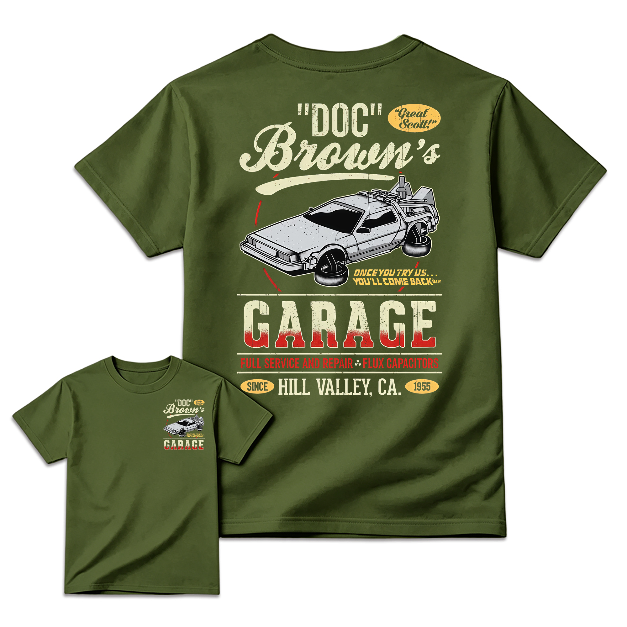 "Great Scott!" Doc Brown's Garage Time Machine Graphic T-Shirt