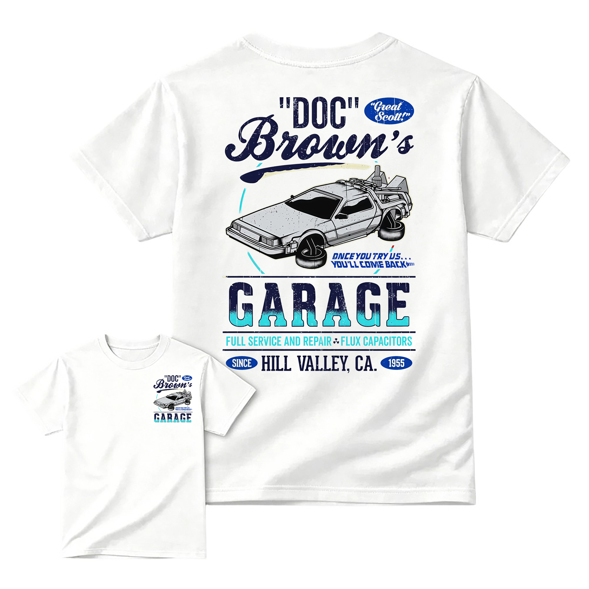 "Great Scott!" Doc Brown's Garage Time Machine Graphic T-Shirt