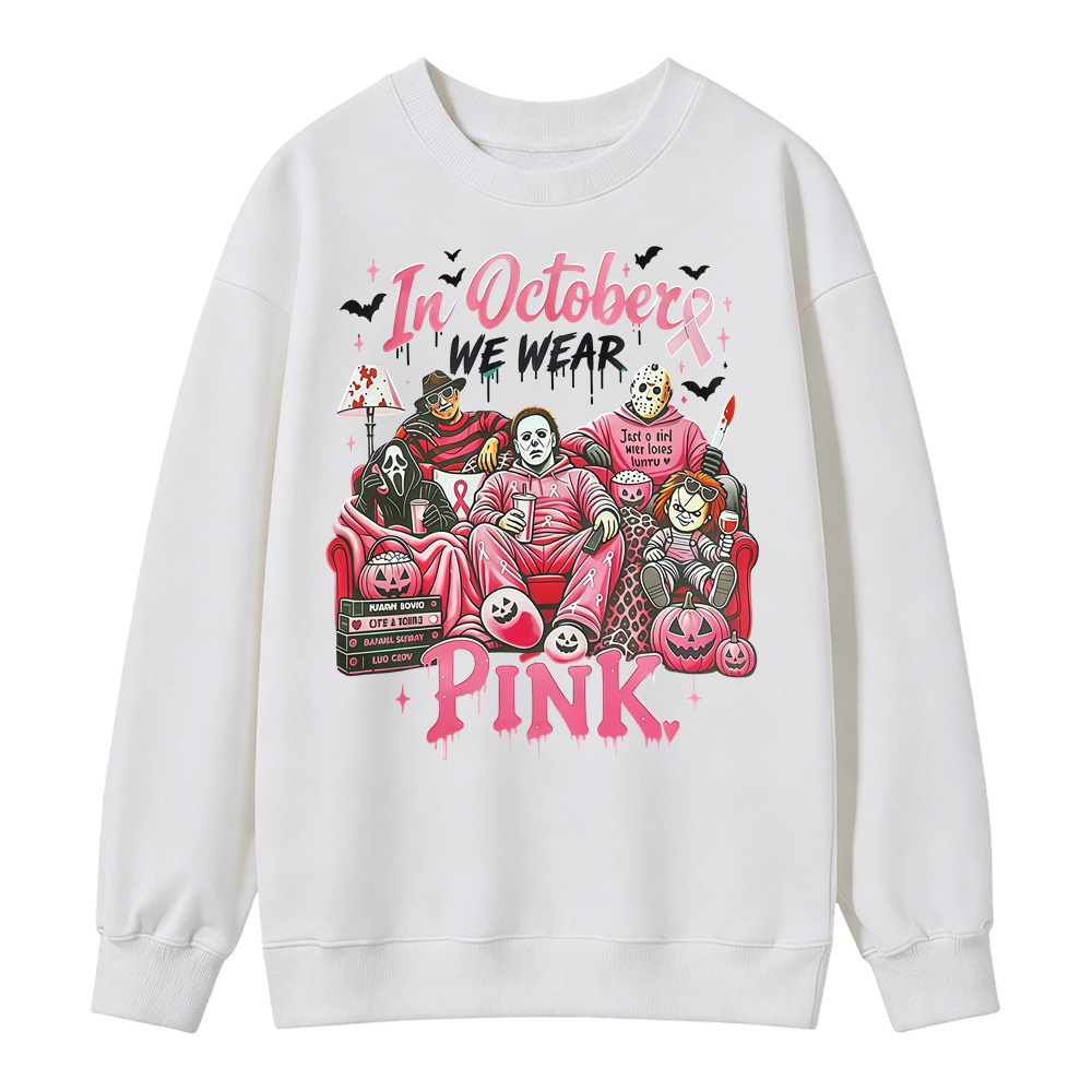 In October We Wear Pink Horror Movie Characters Print Breast Cancer Awareness Graphic Sweatshirt