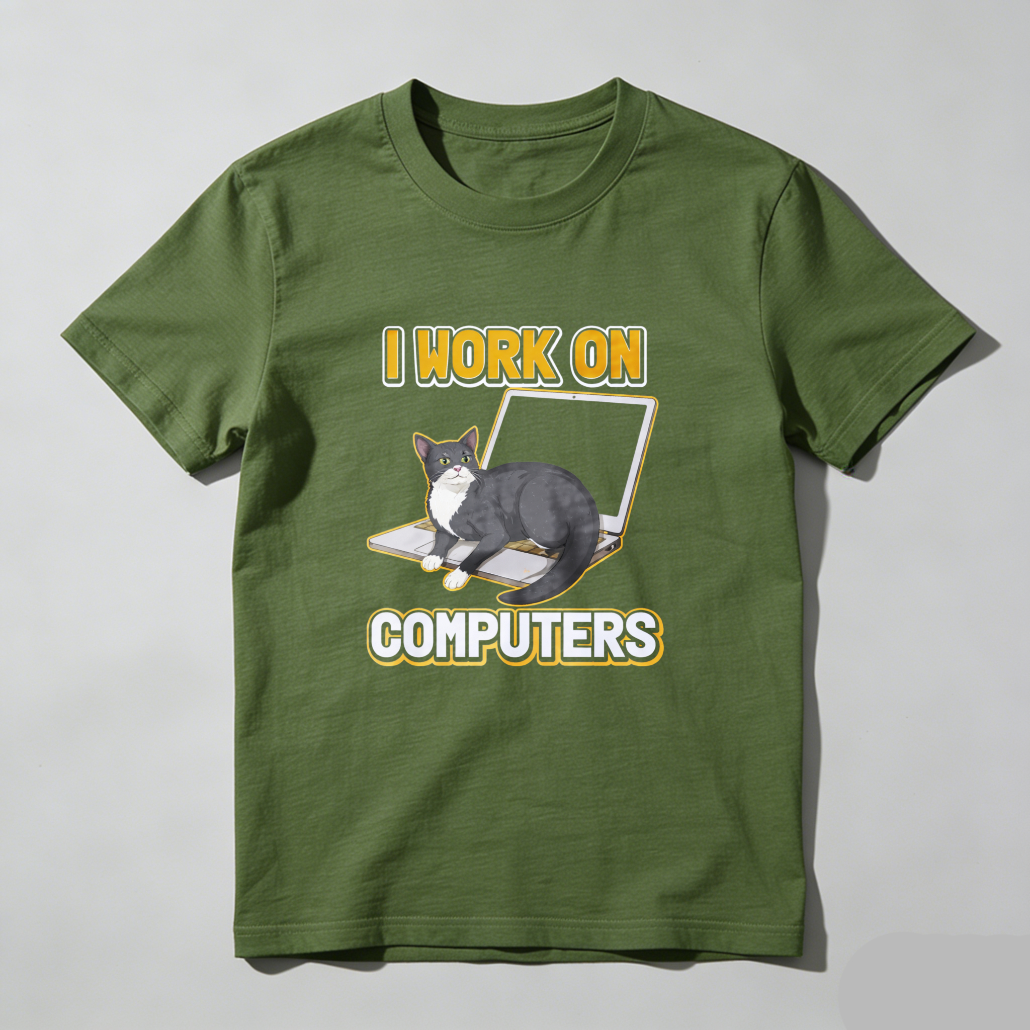 Dorawear™ Cat On Laptop I Work On Computers Pure Cotton Short Sleeve T Shirt-Dorawear
