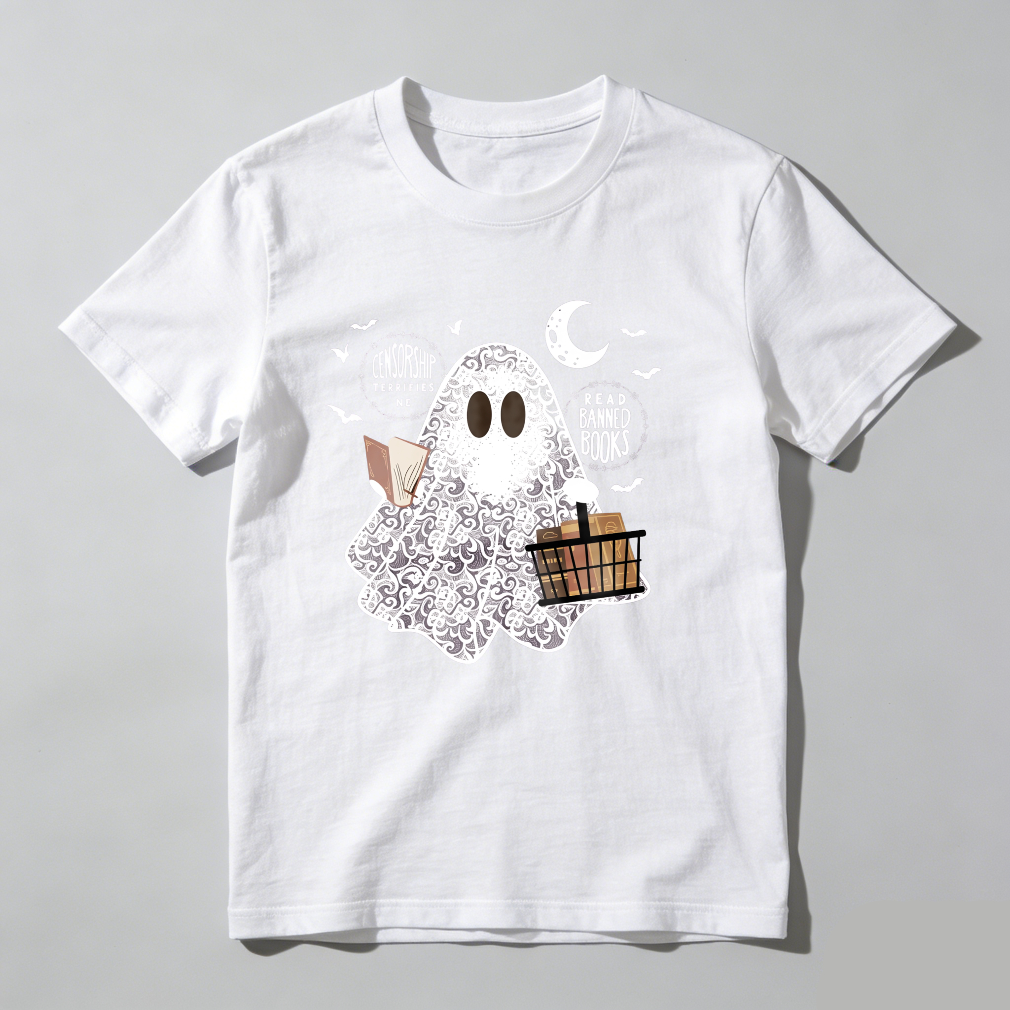 Dorawear Ghost Holds Books And Moon With Bats T Shirt