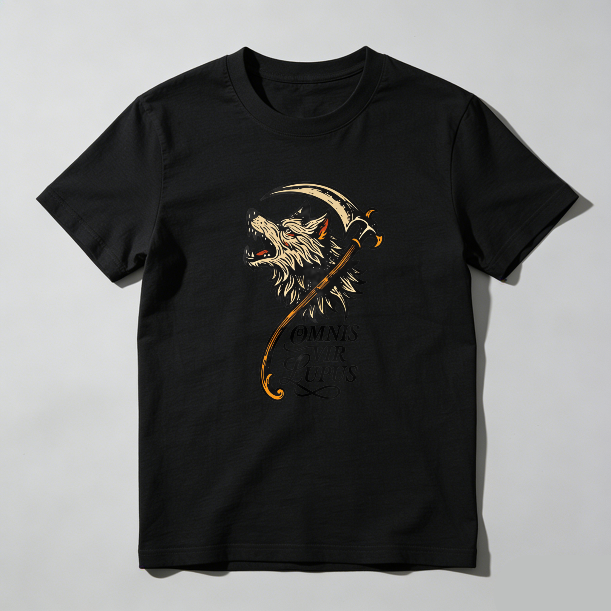 Dorawear Wolf With Scythe And Latin Text T Shirt