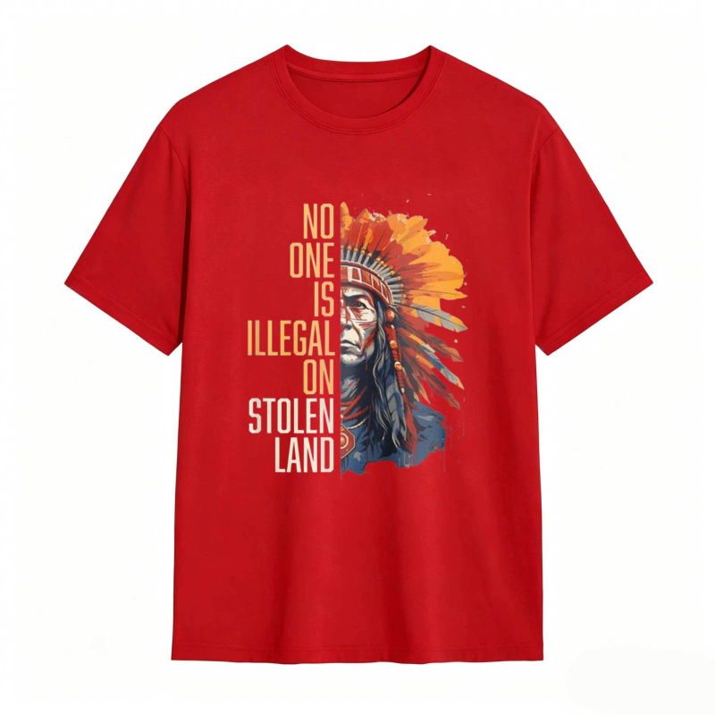Native American Headdress And Text No One Is Illegal On Stolen Land T-shirt