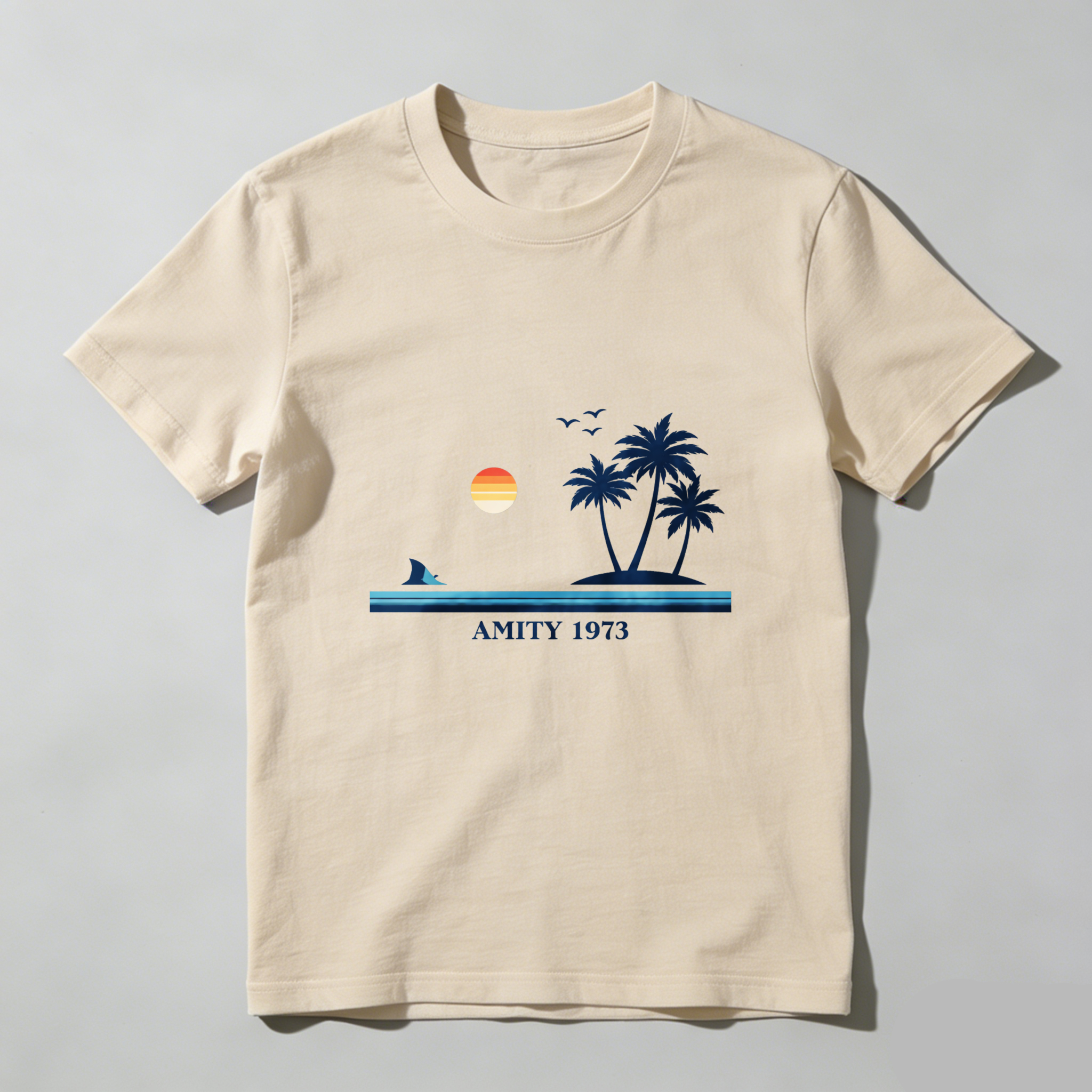 Dorawear™ Sunset Palm Trees Shark Amity 1973 Pure Cotton Short Sleeve T Shirt-Dorawear