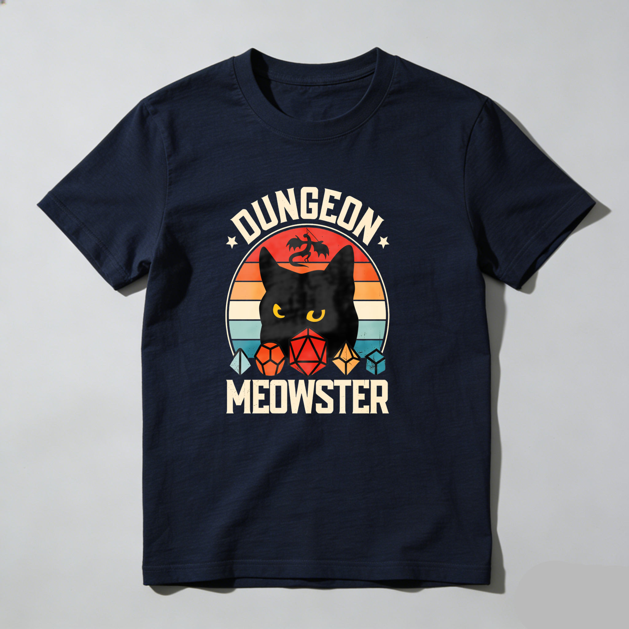 Dungeon Meowster Cat Dragon Dice Sunset tshirt 100% cotton