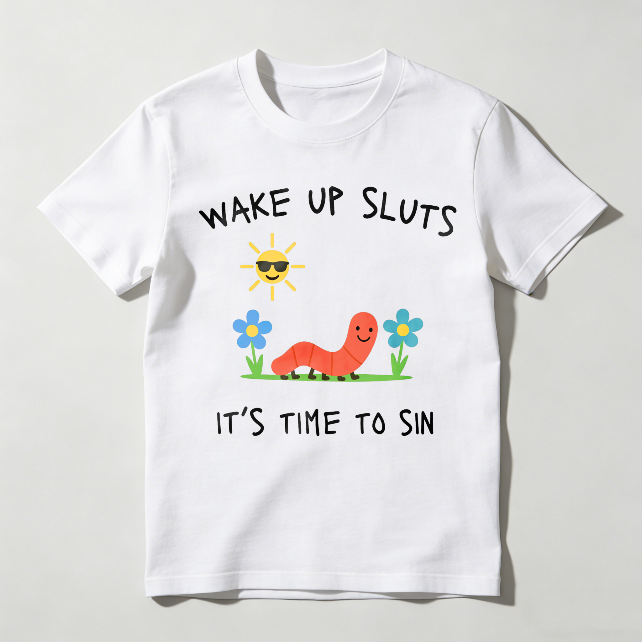 Dorawear™ Wake Up Sloth   Sun Smiling With Glasses   Caterpillar On Grass   Flowers Blue And Yellow   Its Time To Sin T Shirt-Dorawear